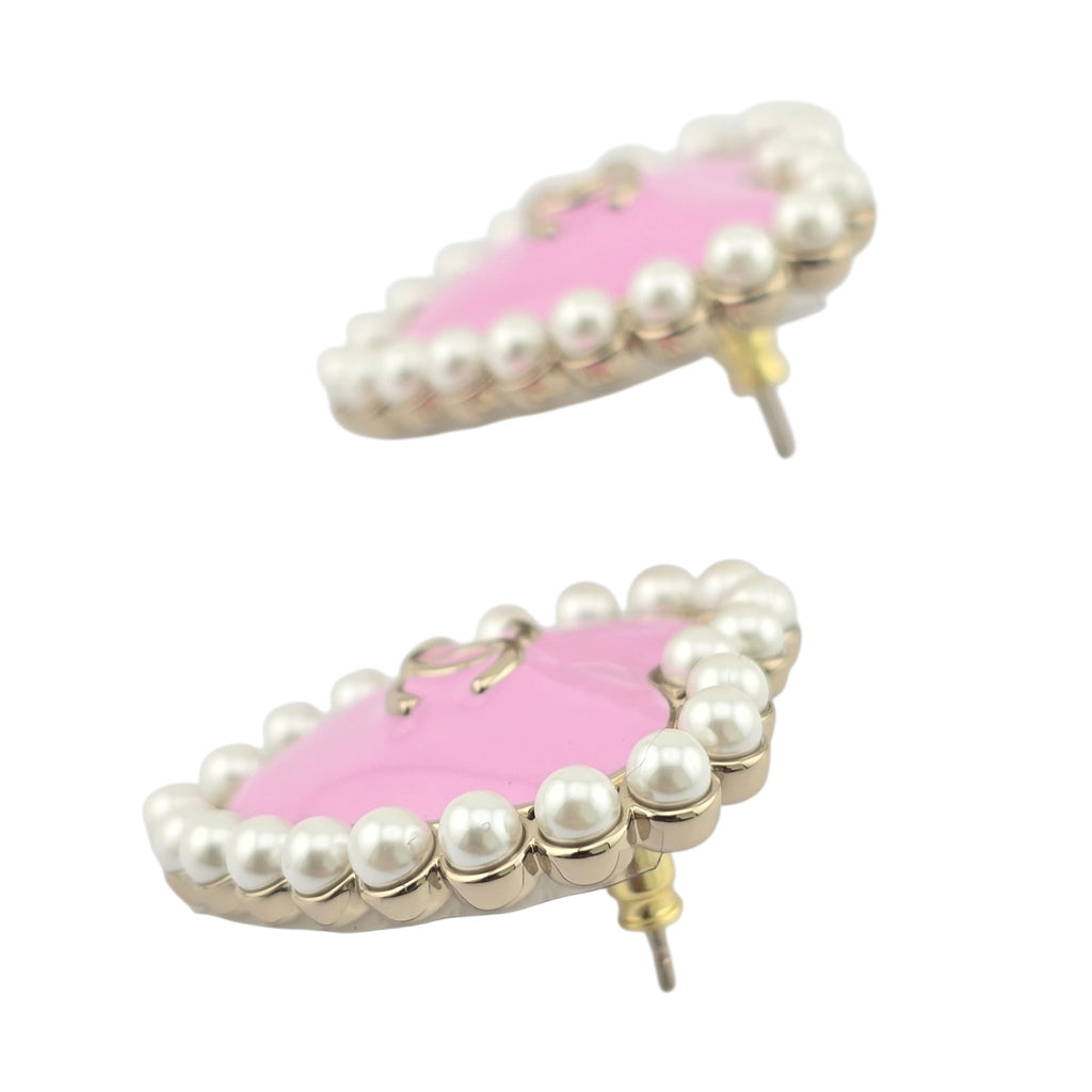 Chanel CC Pink Gold Heart Faux Pearl Earrings 2025 CHANEL