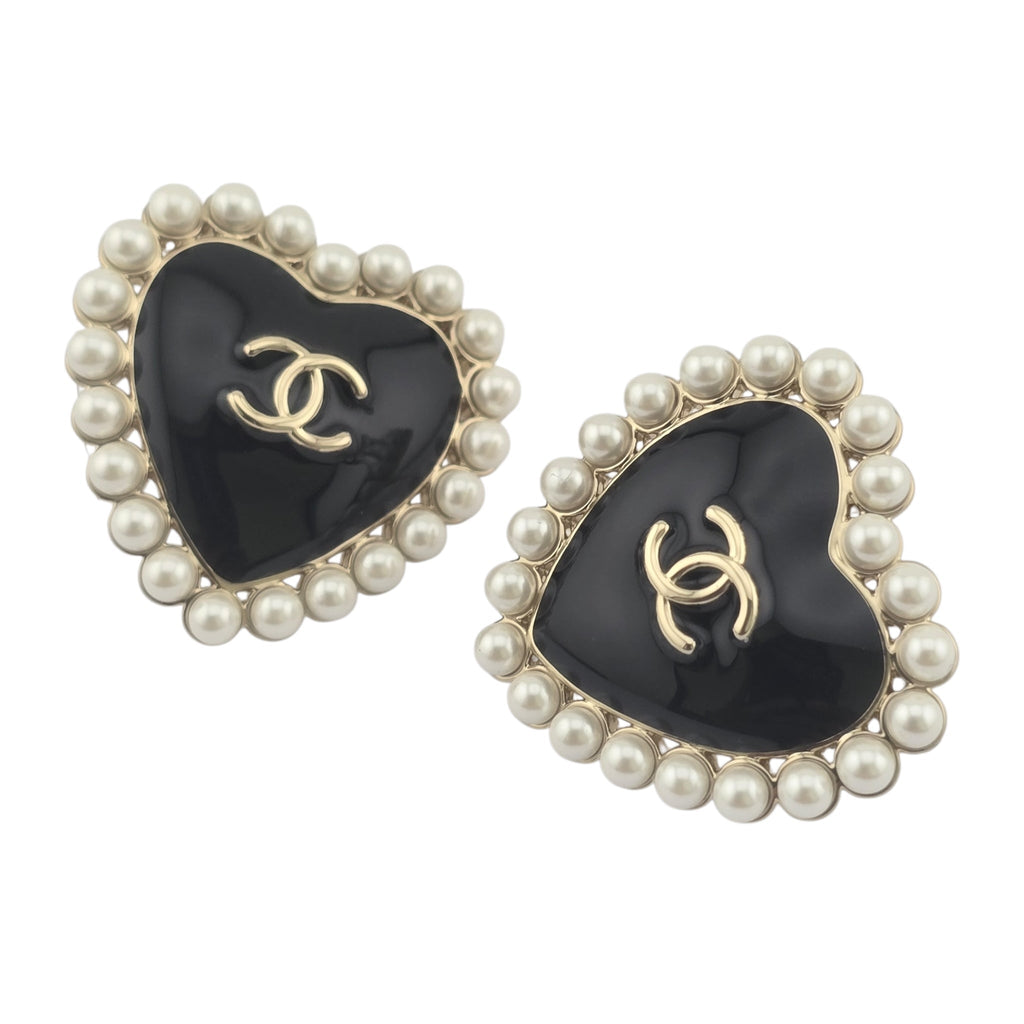Chanel CC Black Gold Heart Faux Pearl Earrings 2025 CHANEL