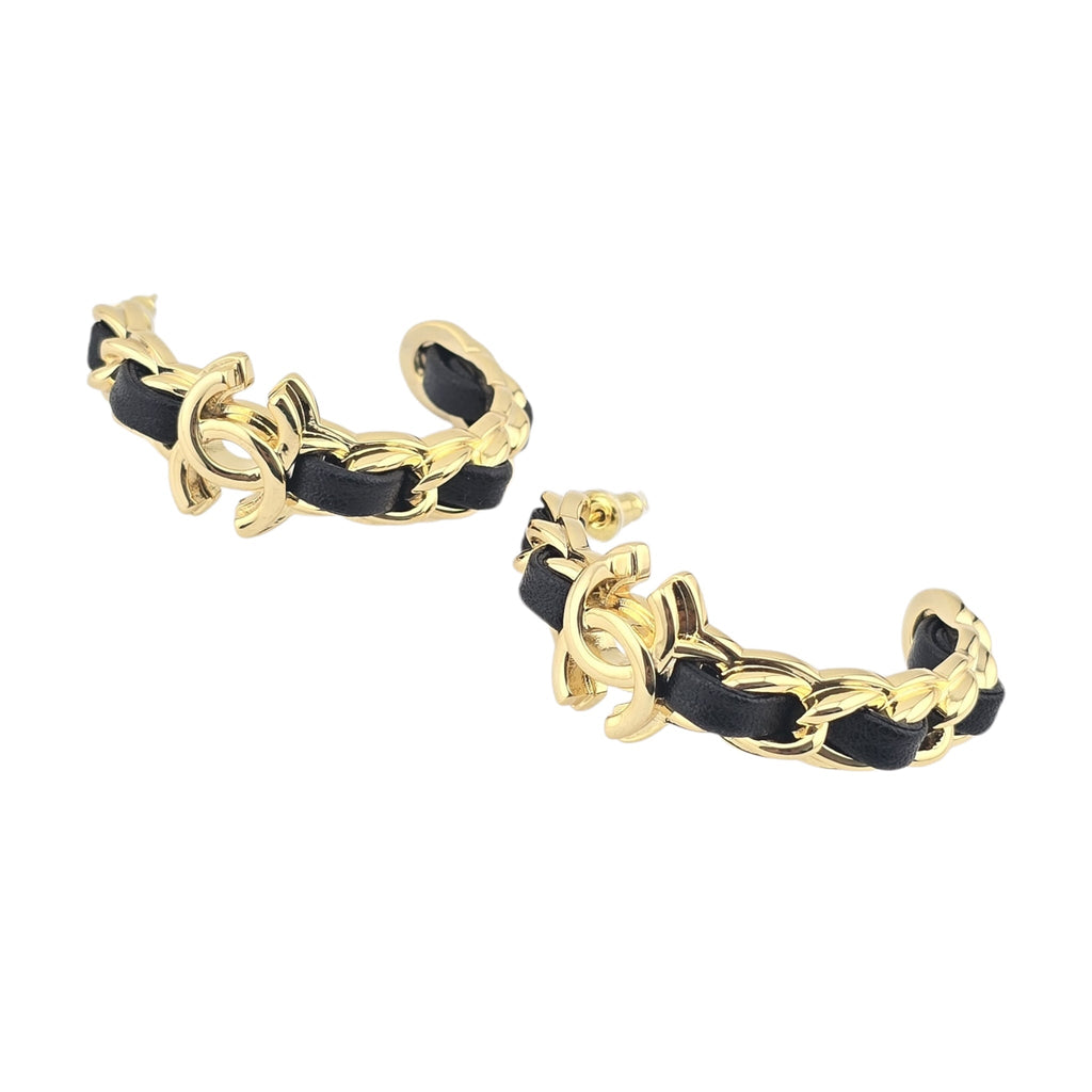 Chanel CC Leather Metal Hoop Earrings 2024 CHANEL