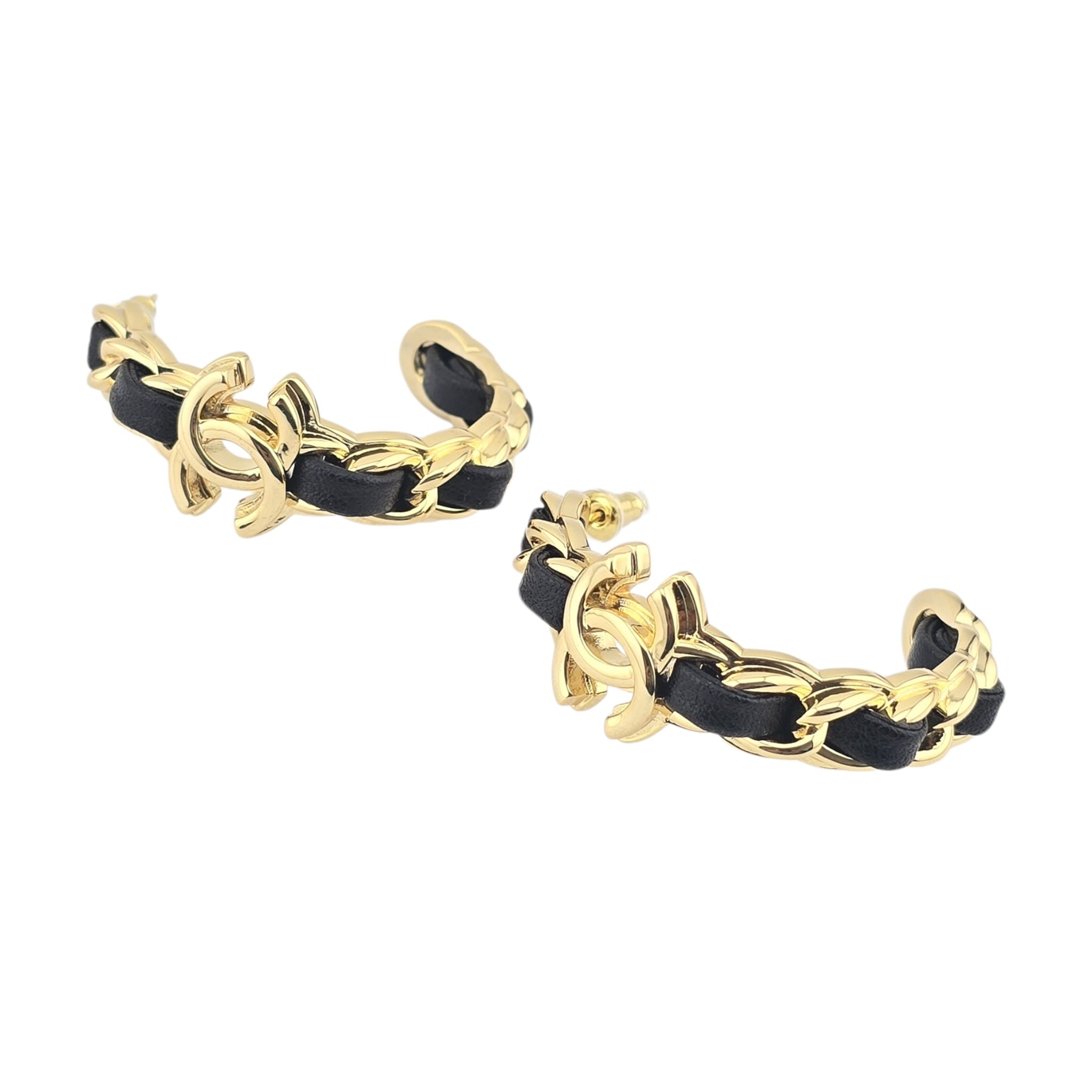 Chanel CC Leather Metal Hoop Earrings 2024 CHANEL