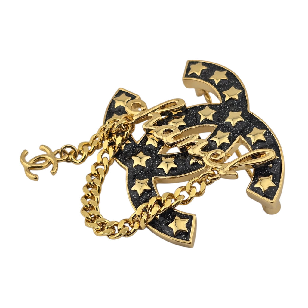 Chanel CC Metal Resin Star Logo Brooch Gold Black 2024 CHANEL