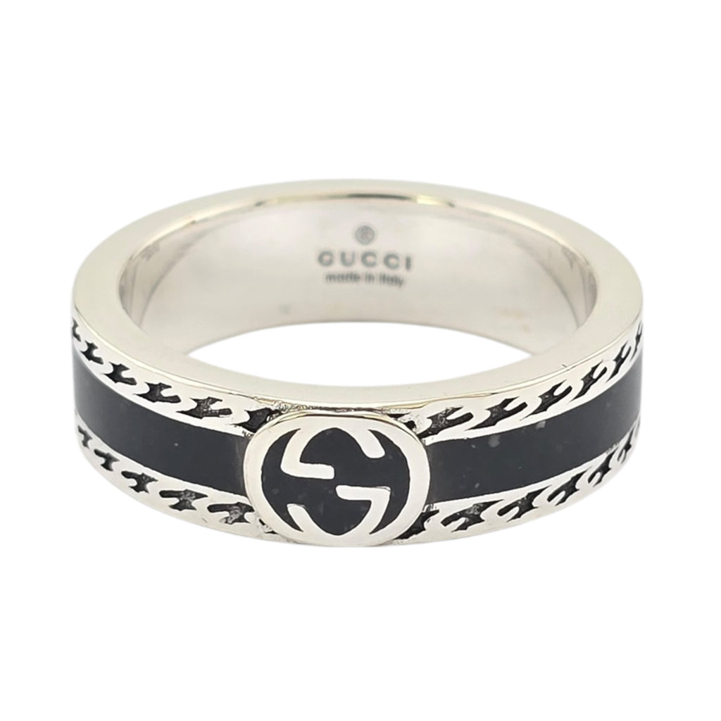 GUCCI Interlocking G Sterling Silver Black Enamel Ring GUCCI