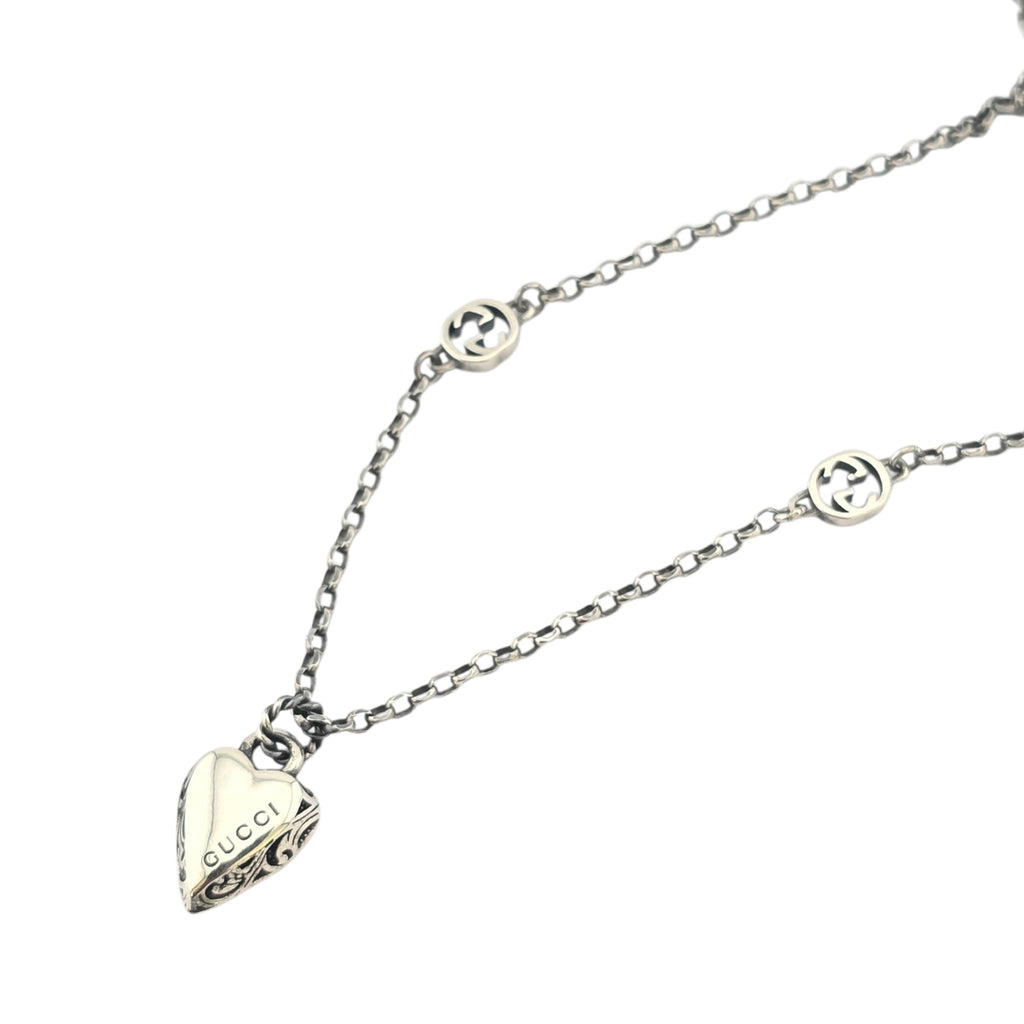 GUCCI GG Engraved Heart Charm Sterling Silver Necklace GUCCI