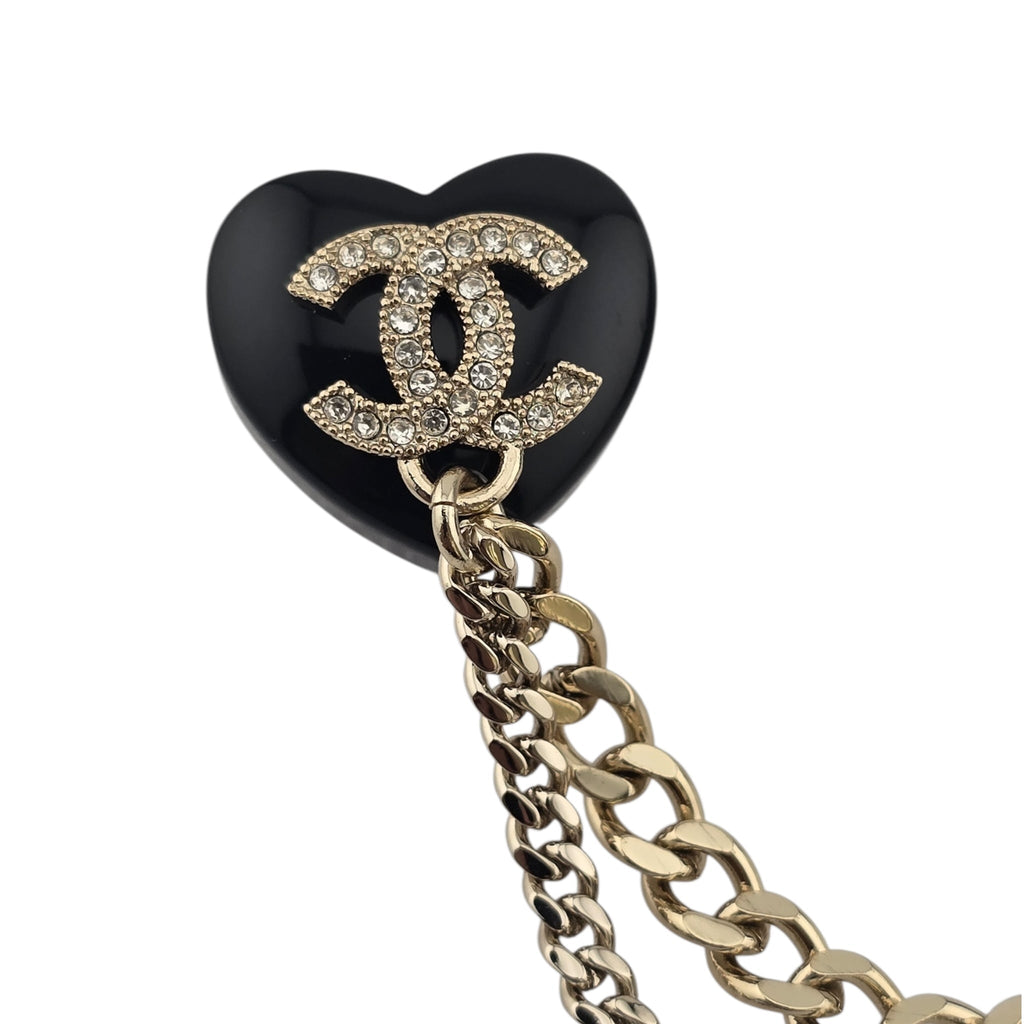 Chanel CC Black Resin Heart Chain Brooch CHANEL