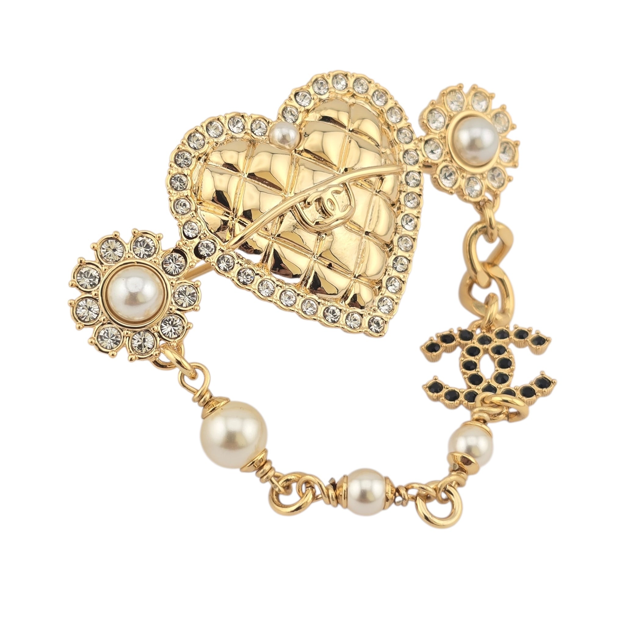 Chanel CC Gold Heart Crystal Faux Pearl Brooch 2024 CHANEL