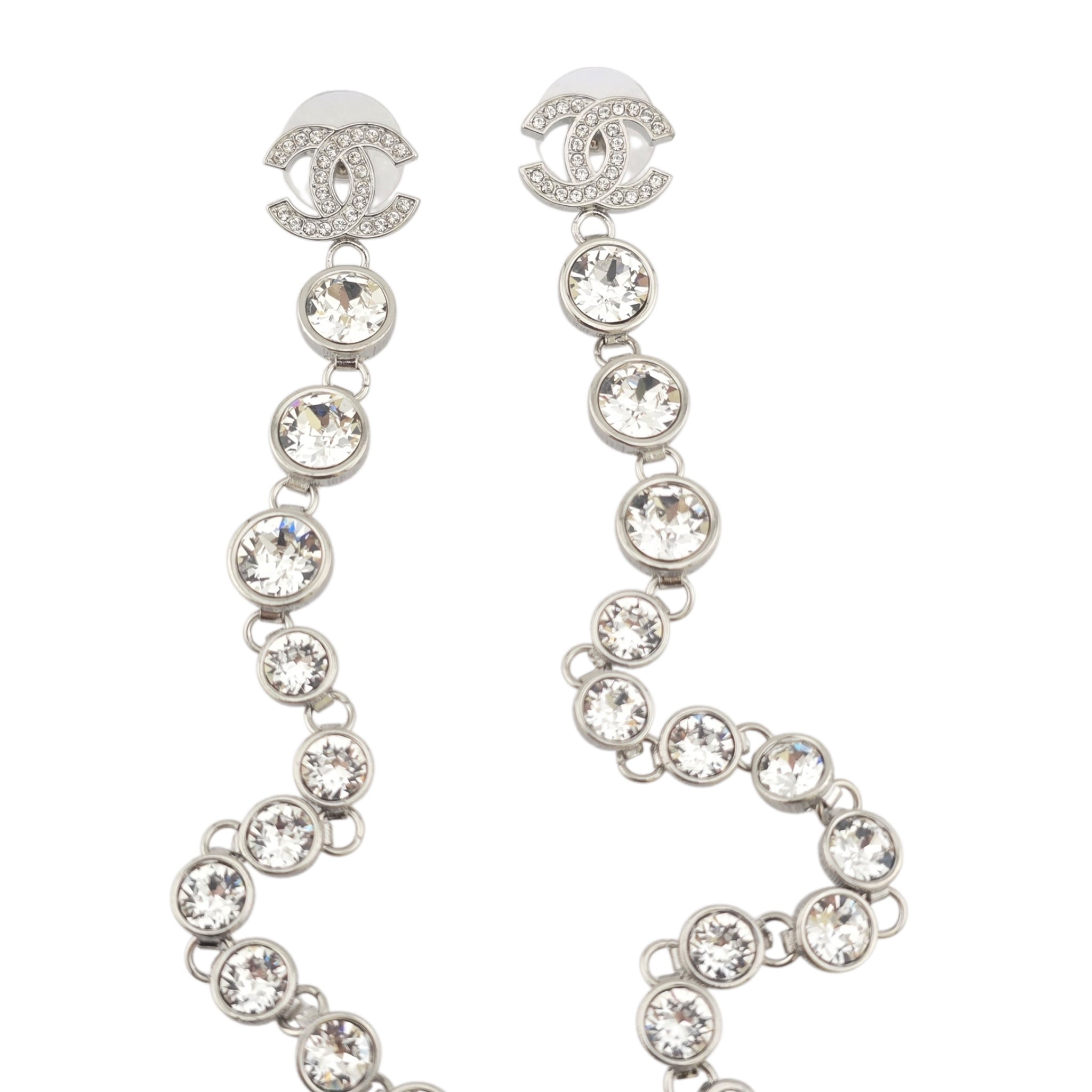 Chanel CC Crystal Long Drop Silver Earrings 23SS CHANEL