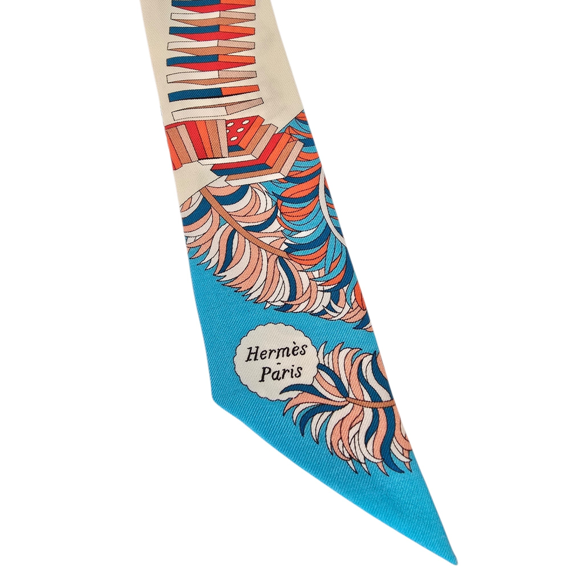 Hermes Silk Twilly De L’Ombrelle Aux Duels Blue Potiron and Creme HERMES