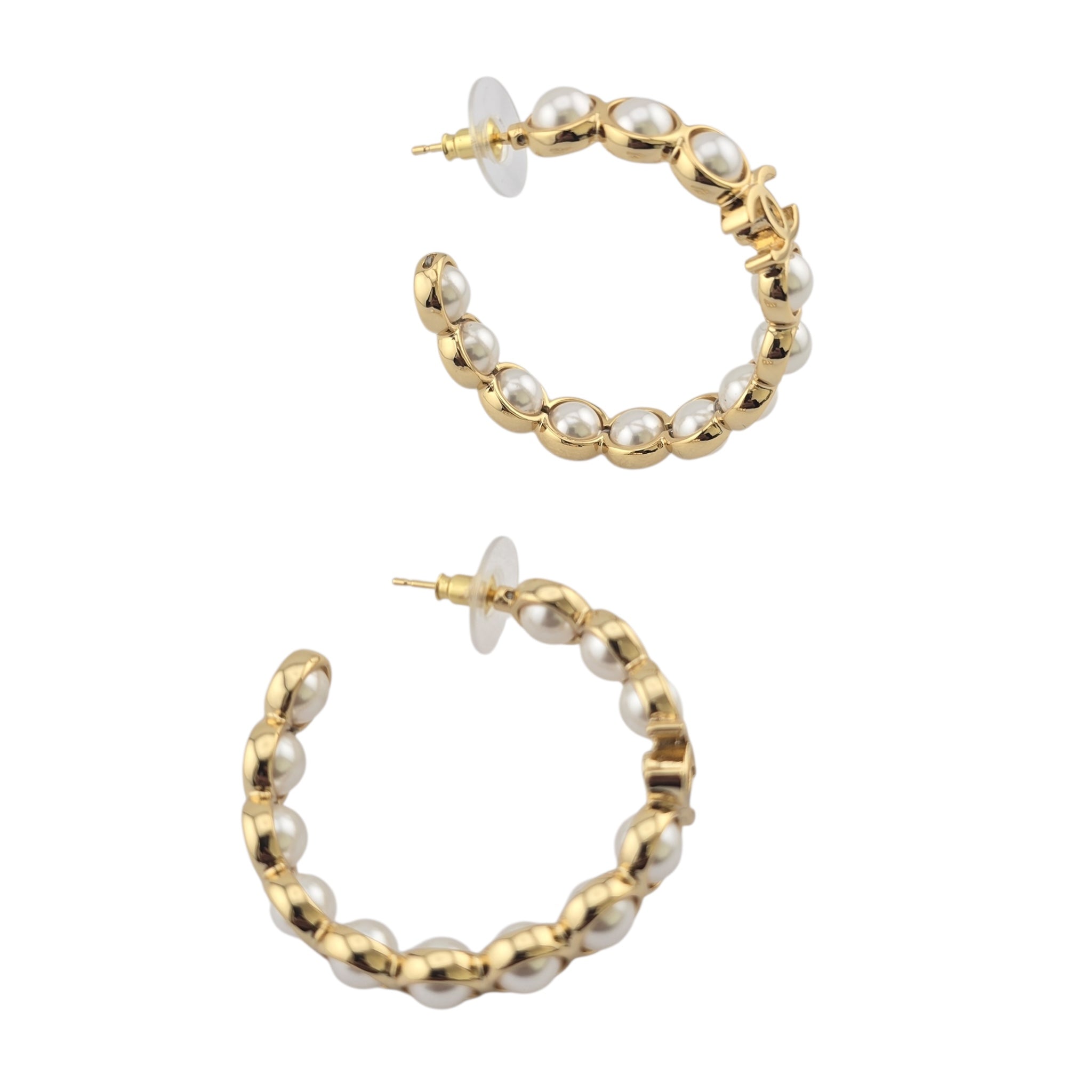 Chanel CC Faux Pearl Gold Hoop Earrings 2024 CHANEL
