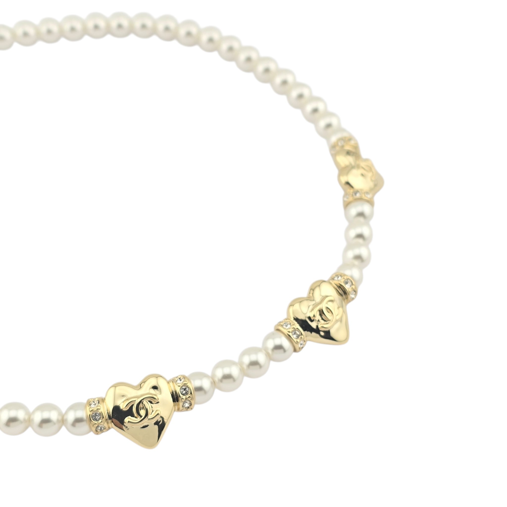 Chanel CC Faux Pearl Gold Heart Necklace 2024