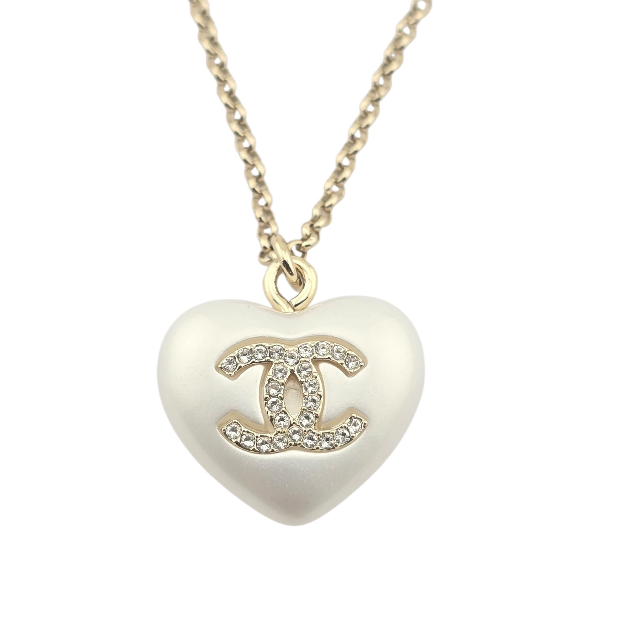 Chanel CC Pearl Crystal Heart Gold Necklace A21