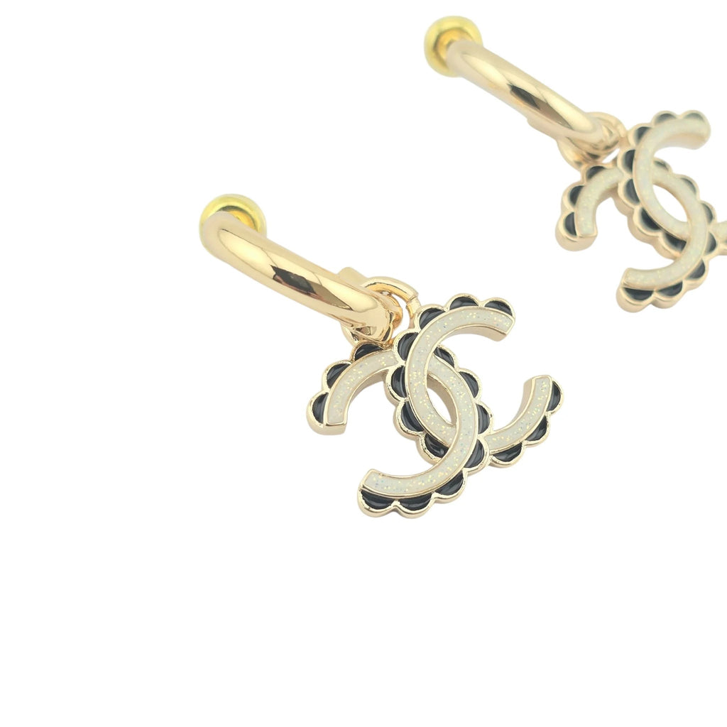 Chanel CC Black/White Enamel Hoop C24 Earrings CHANEL