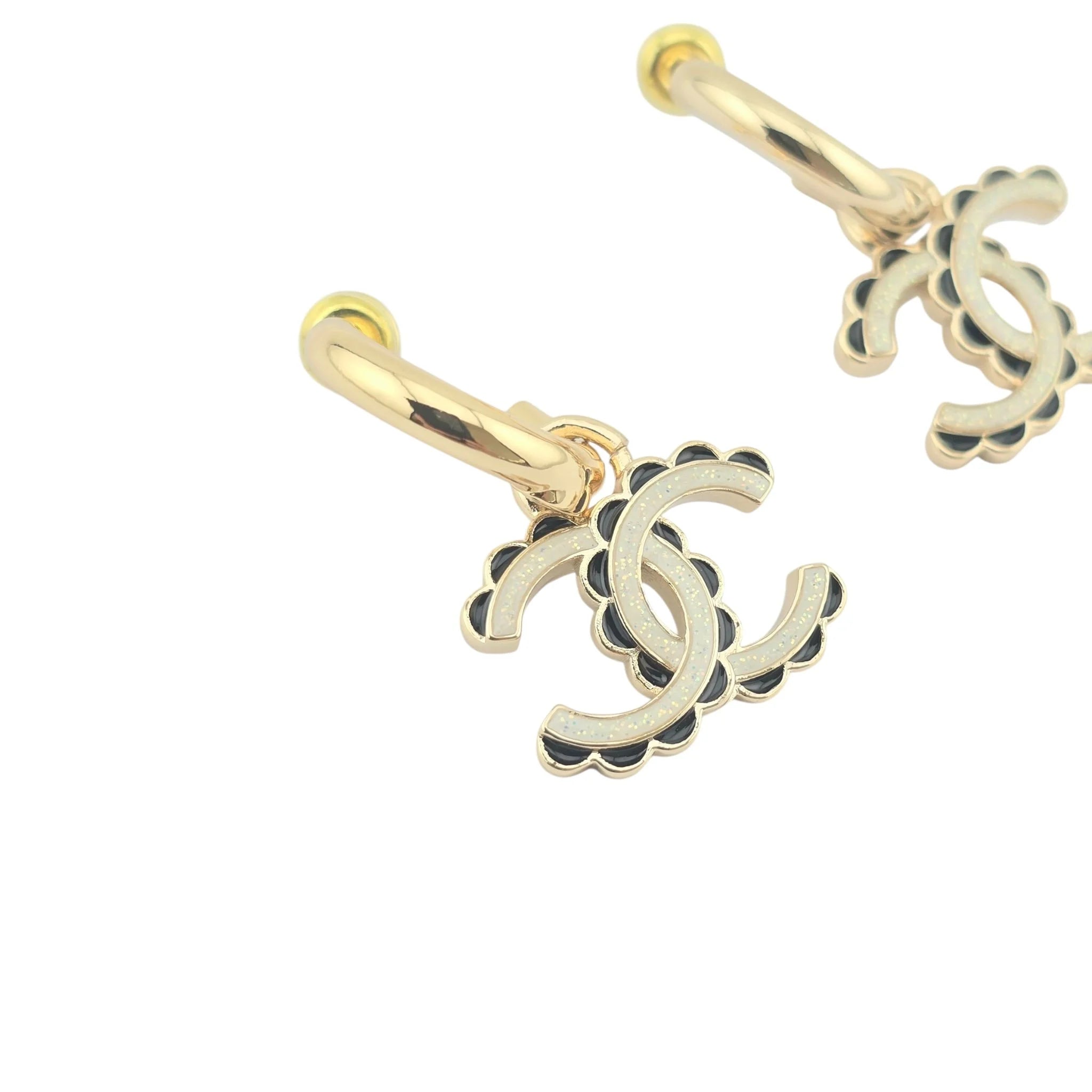 Chanel CC Black/White Enamel Hoop C24 Earrings CHANEL