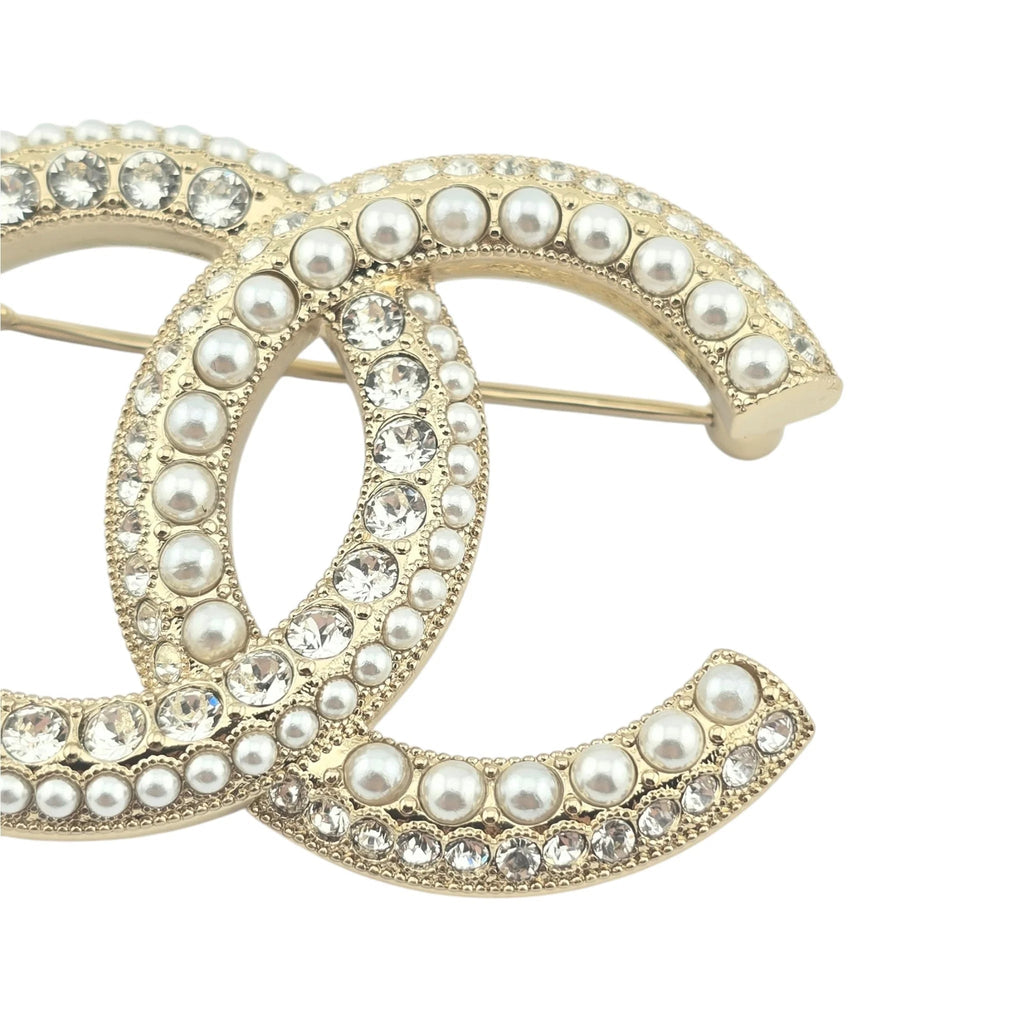 Chanel CC Gold Crystals Faux Pearl Brooch 2022 CHANEL
