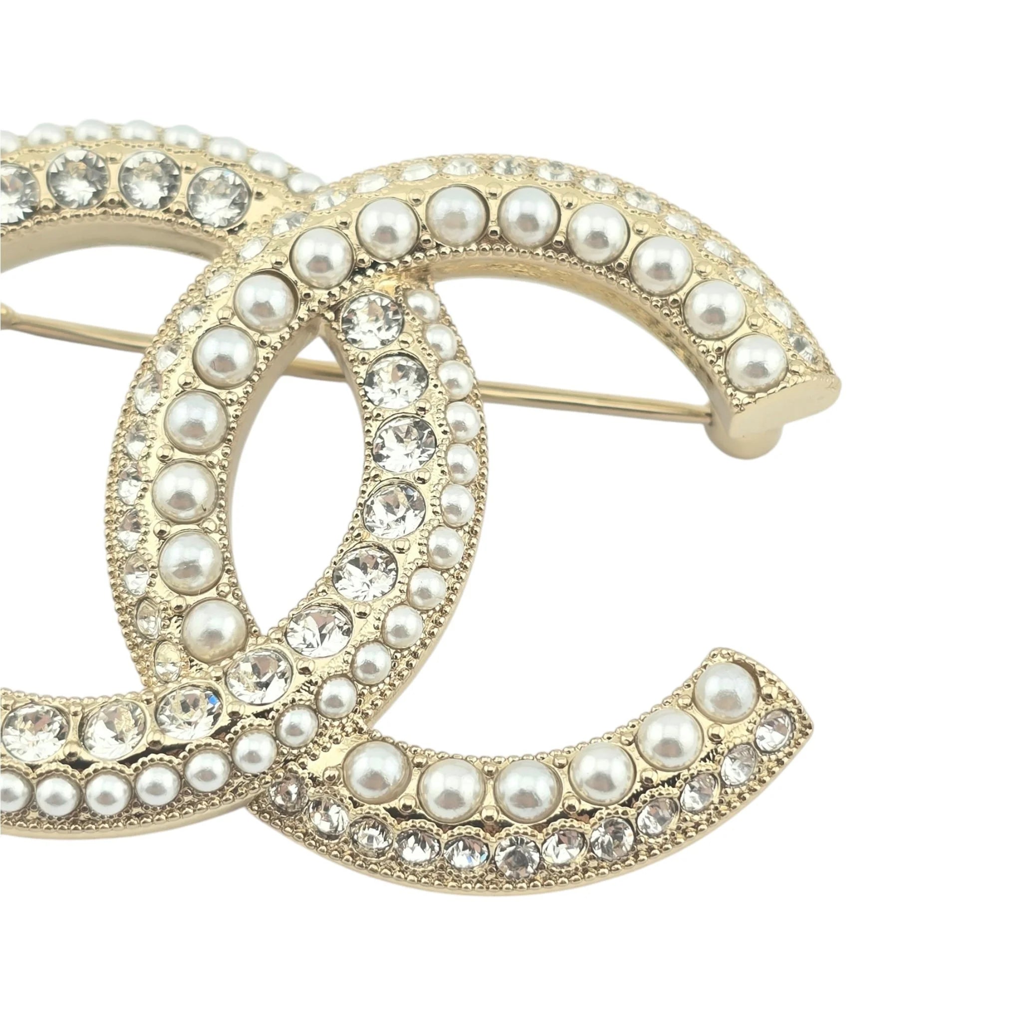 Chanel CC Gold Crystals Faux Pearl Brooch 2022 CHANEL