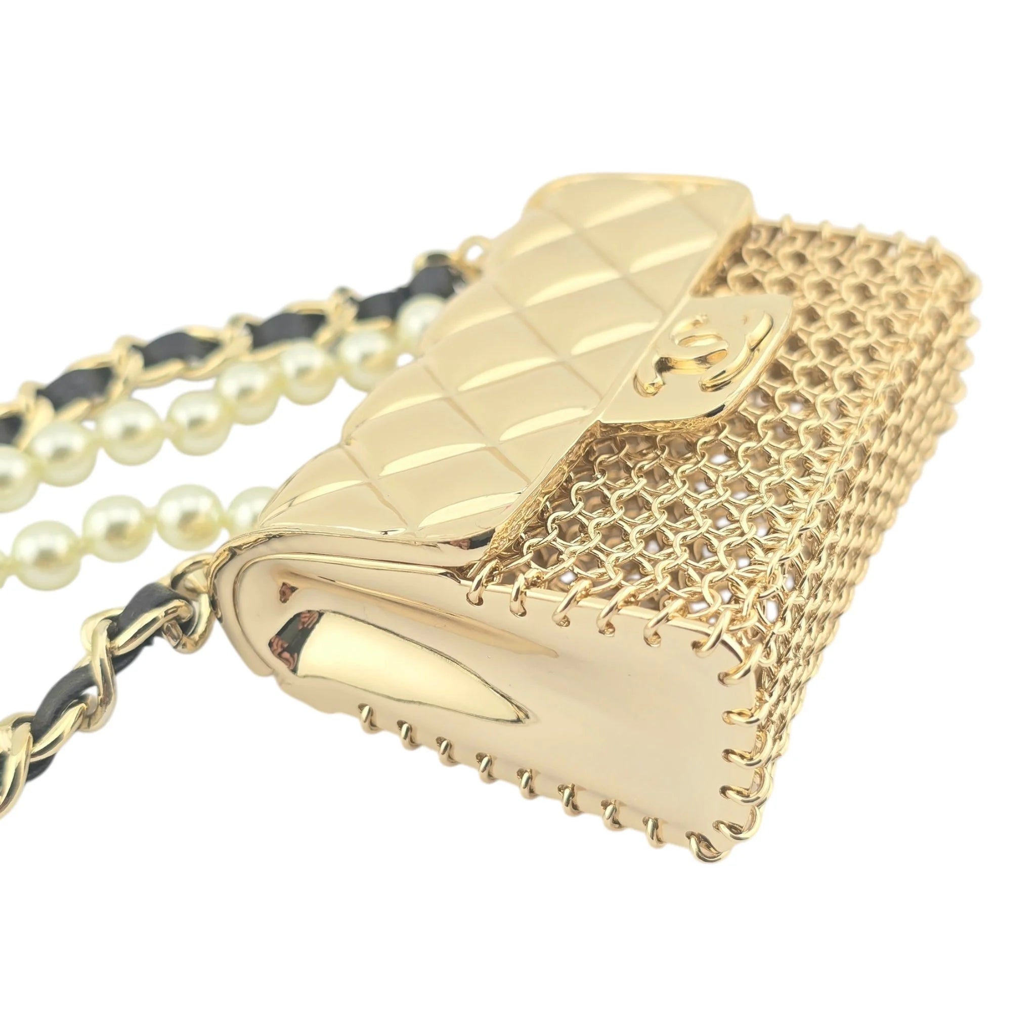 Chanel Flap Bag Pendant Long Necklace Quilted Metal with Lambskin and Faux Pearl CHANEL