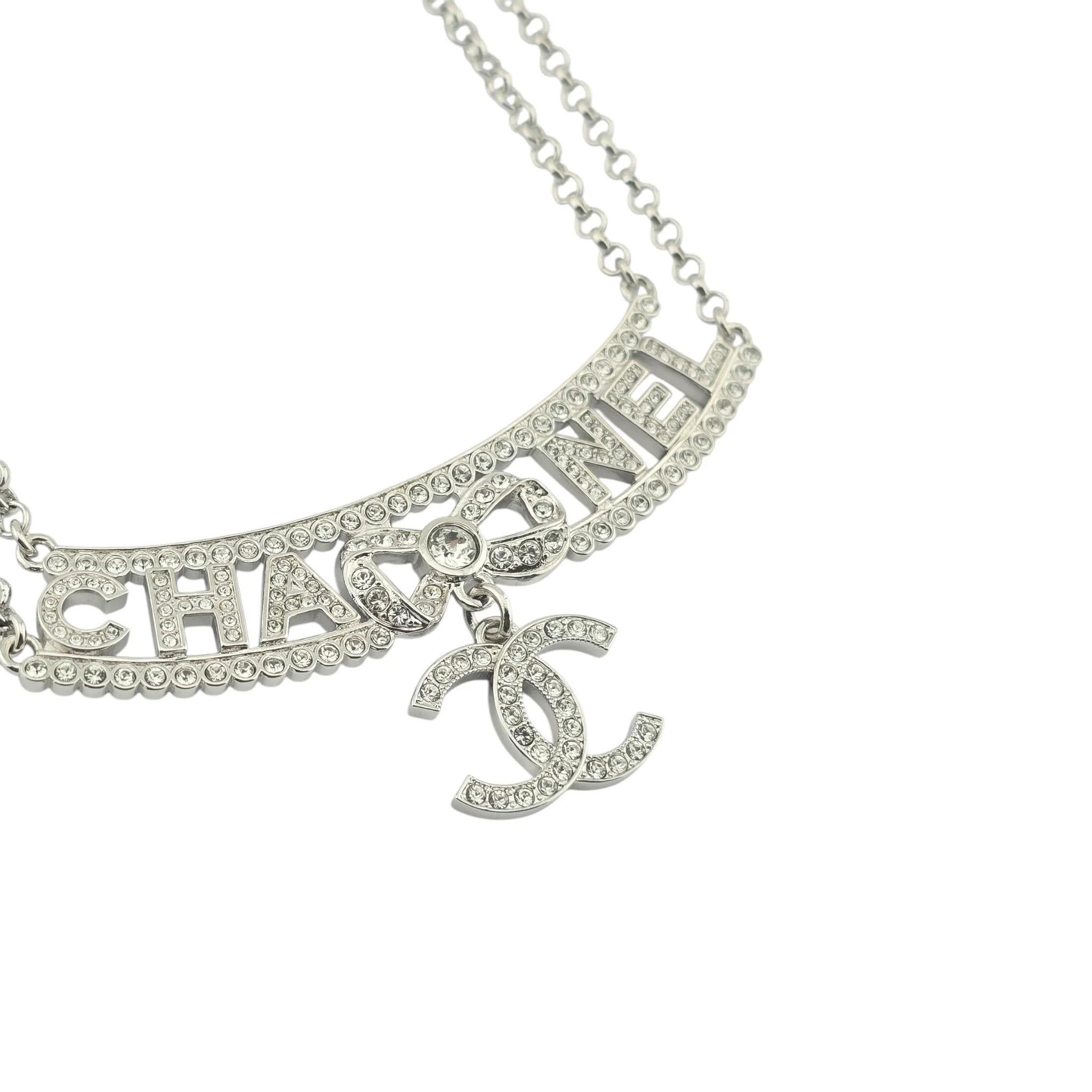 Chanel CC Silver Crystal Pendant Choker Necklace 2022 CHANEL
