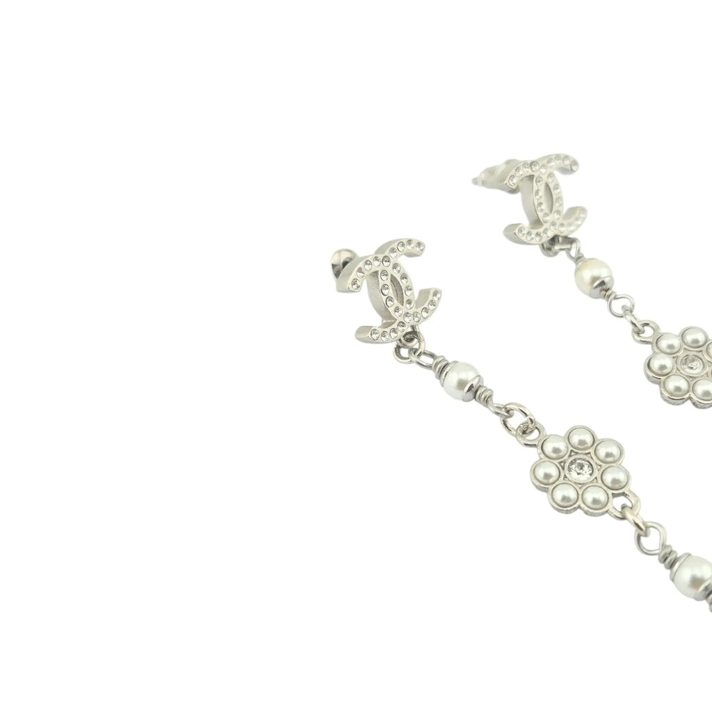 Chanel CC Drop Crystal Faux Pearls Silver Earrings 2020 CHANEL