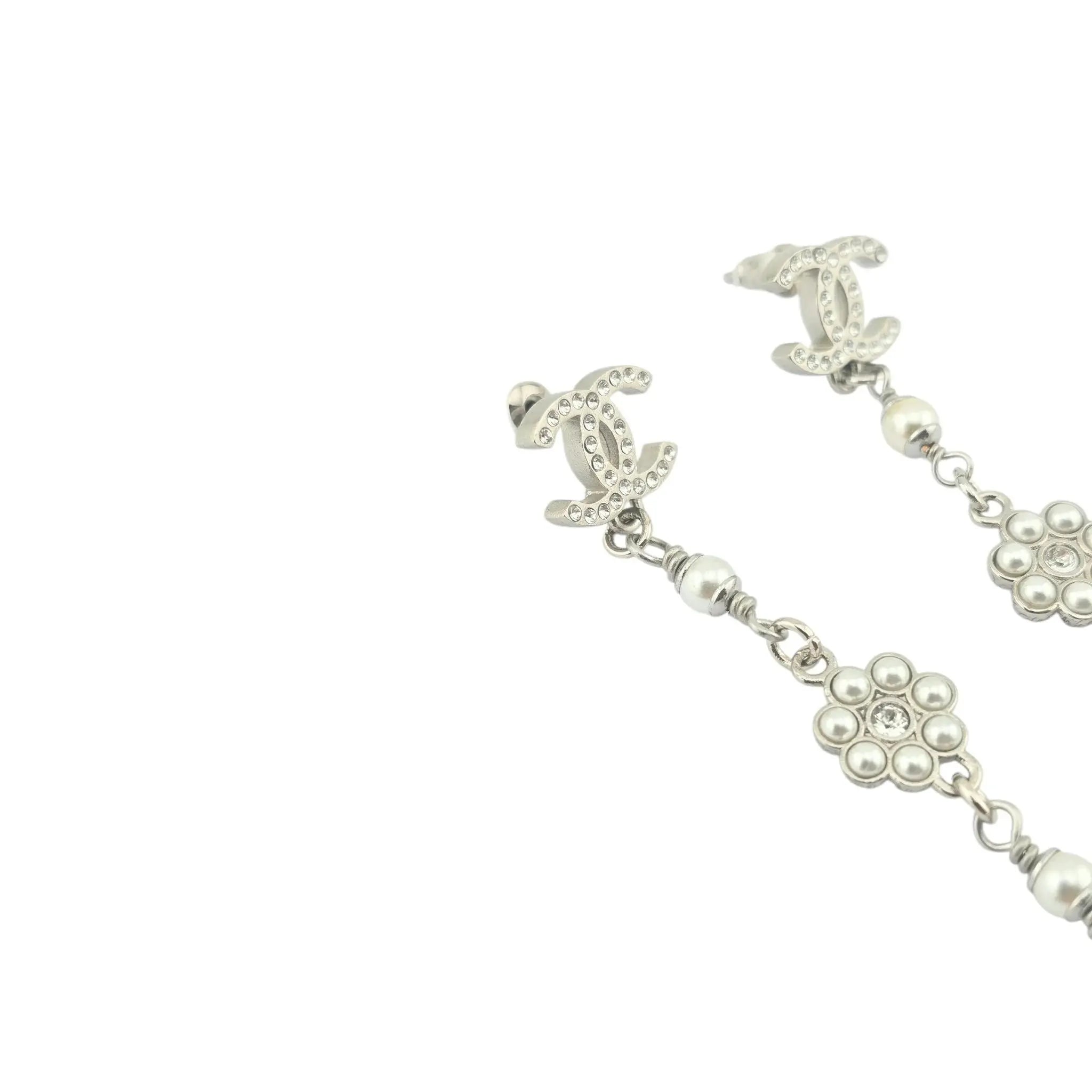 Chanel CC Drop Crystal Faux Pearls Silver Earrings 2020 CHANEL