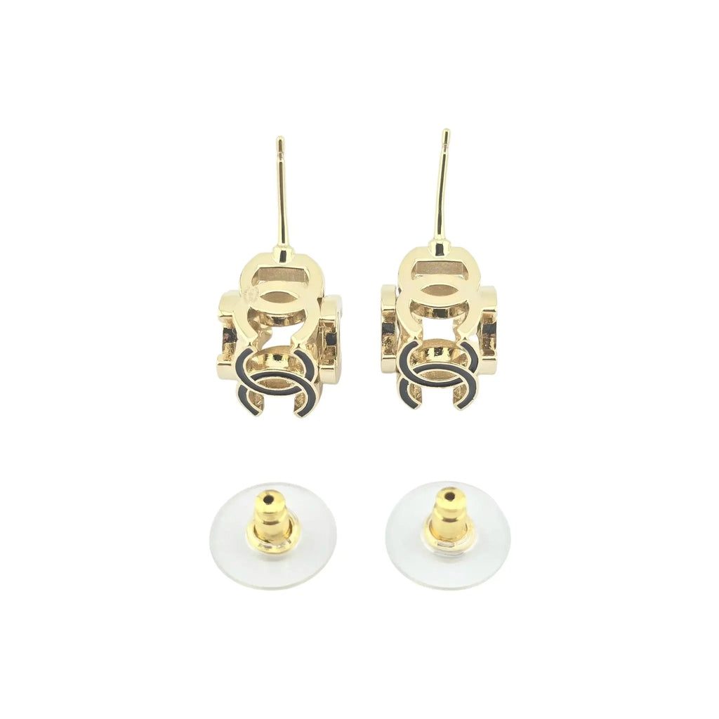 Chanel CC Logo Cube Earrings Black Gold 2022 CHANEL