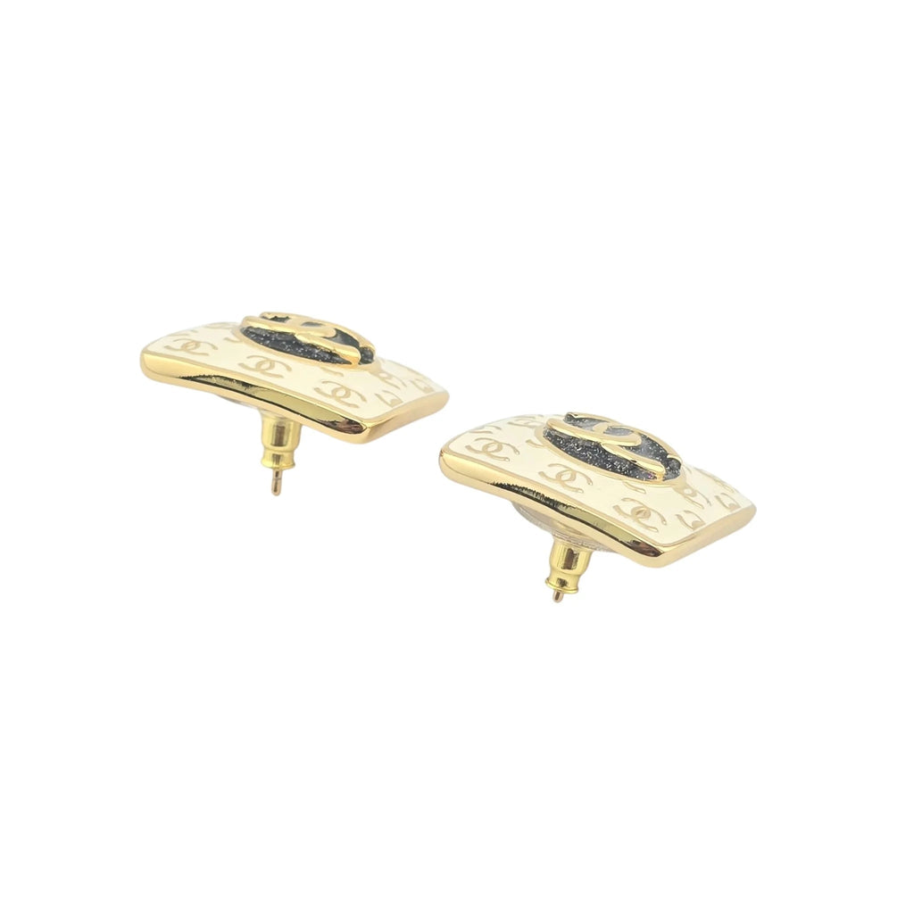 Chanel CC Square White Gold Enamel Earrings C24 CHANEL