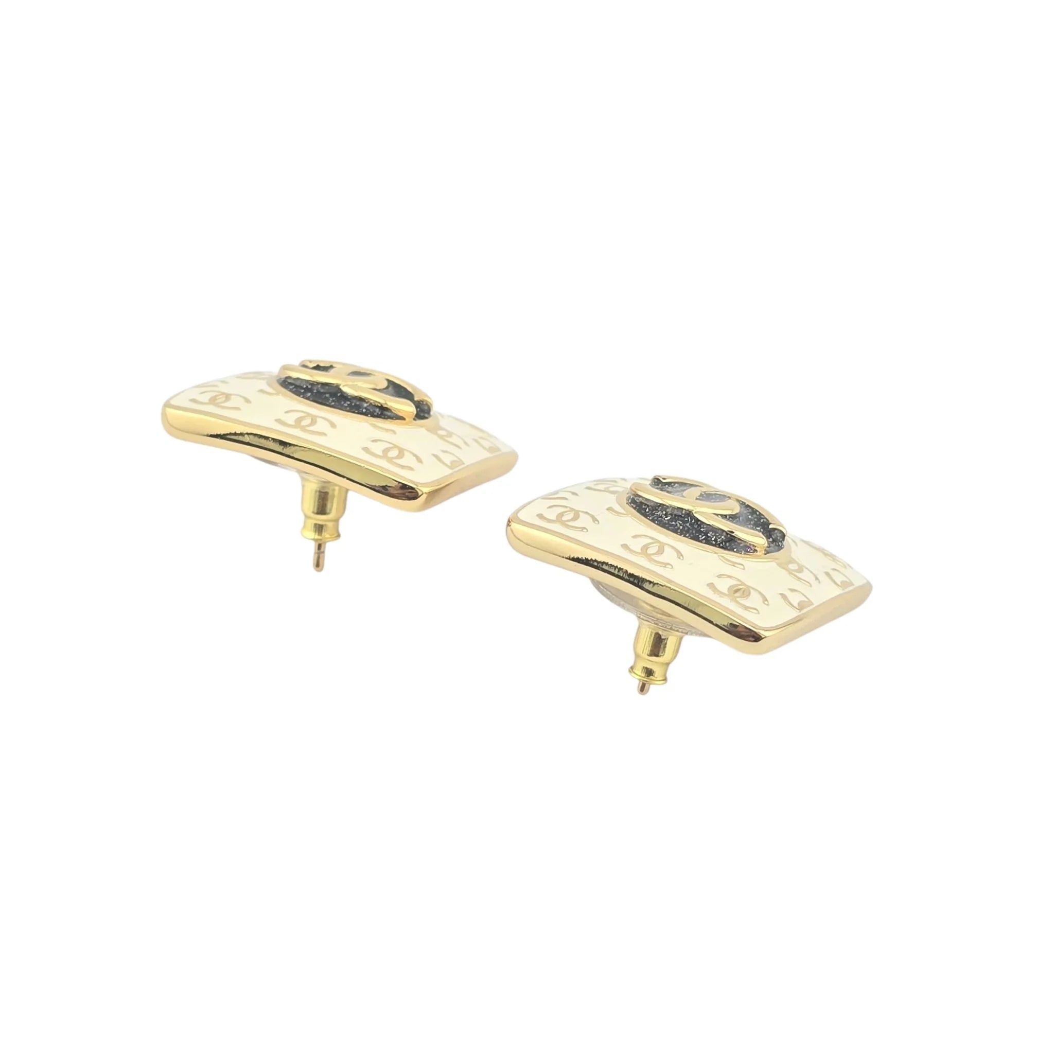 Chanel CC Square White Gold Enamel Earrings C24 CHANEL