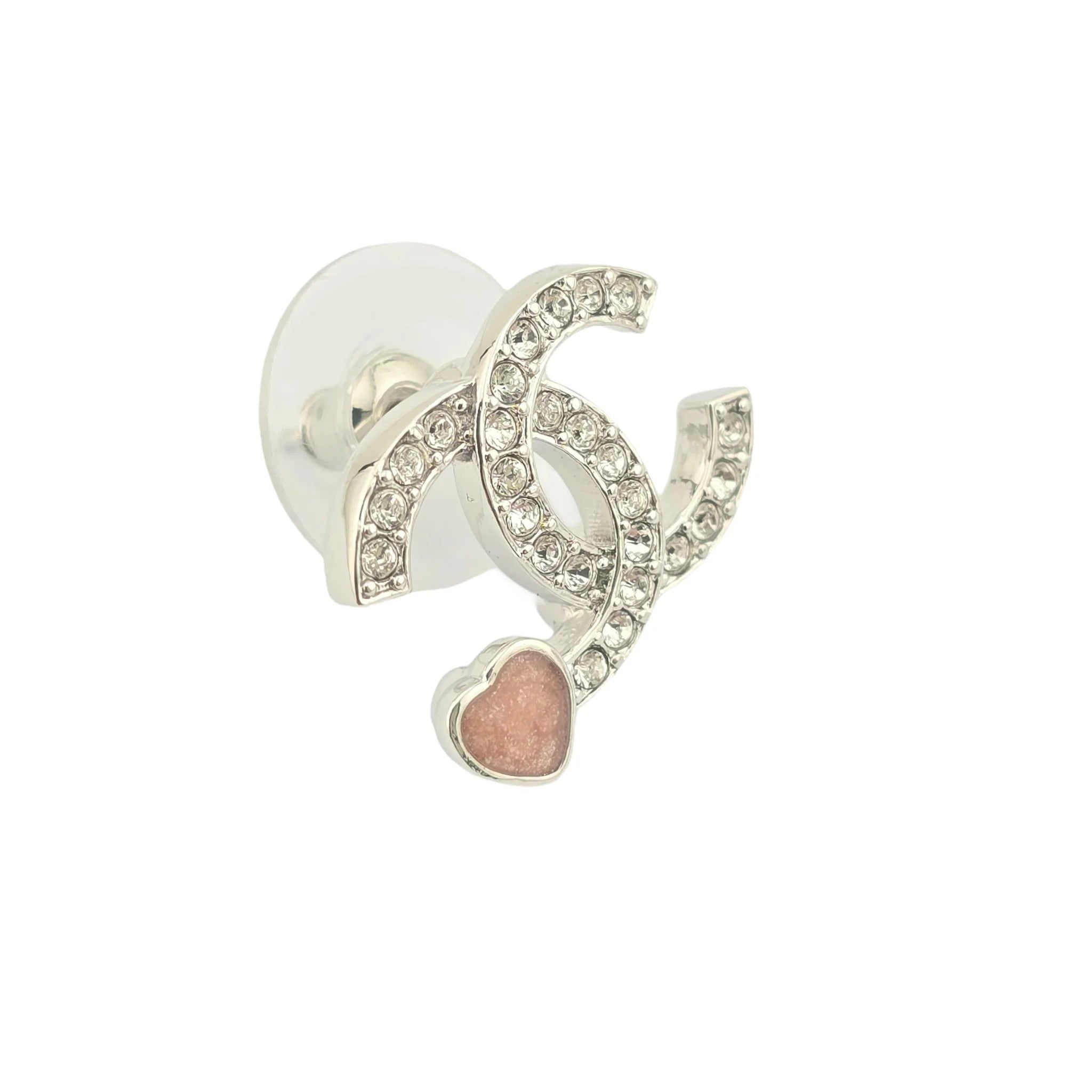 Chanel CC Silver Red Crystal Heart Stud Earrings CHANEL