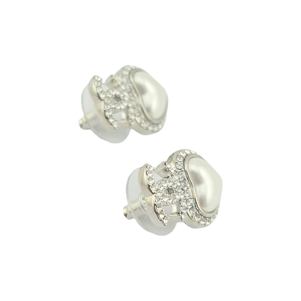 Chanel CC Pearl Crystal Heart Drop Earrings Silver 2023 CHANEL