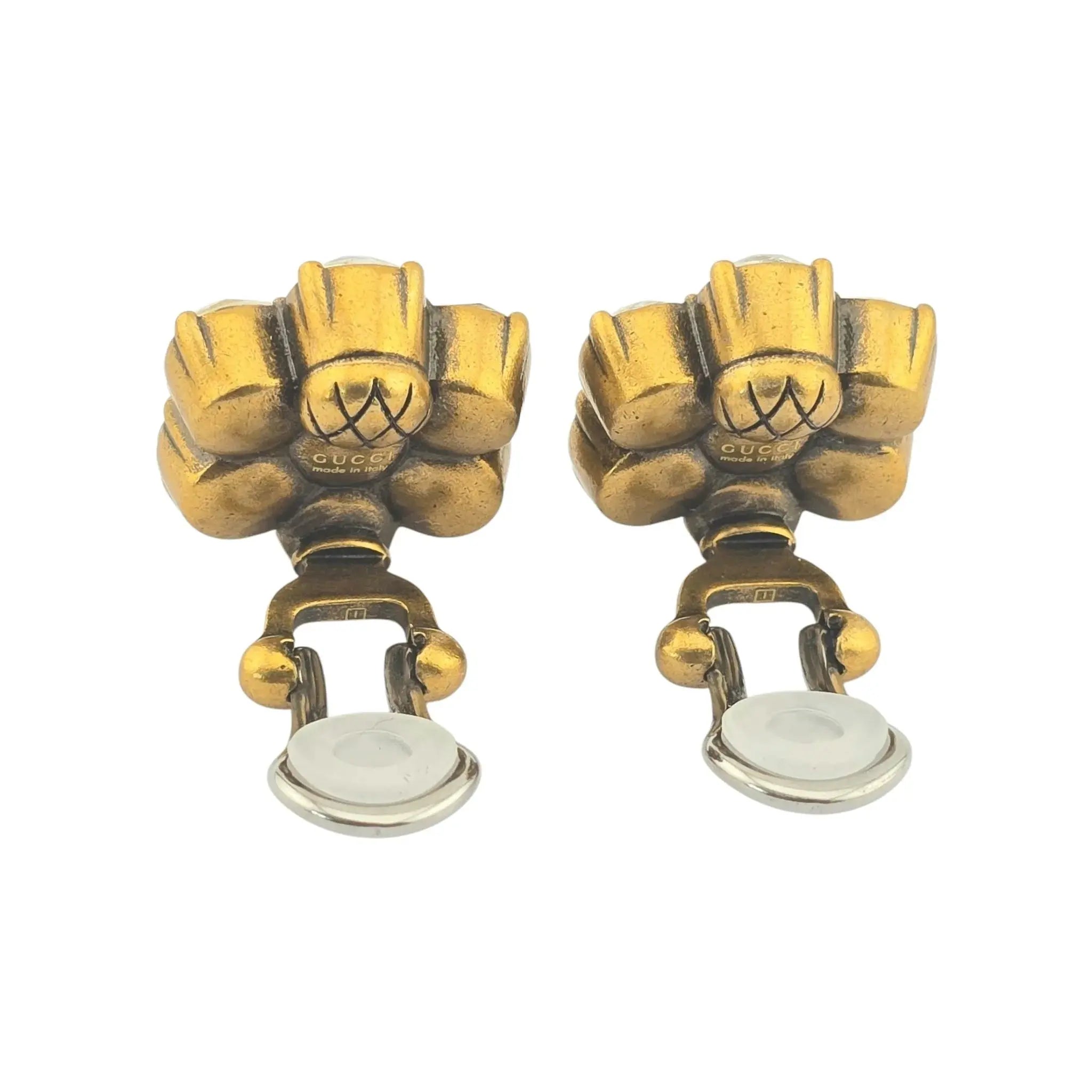 GUCCI Metal Crystal Double G Clip On Earrings Aged Gold GUCCI