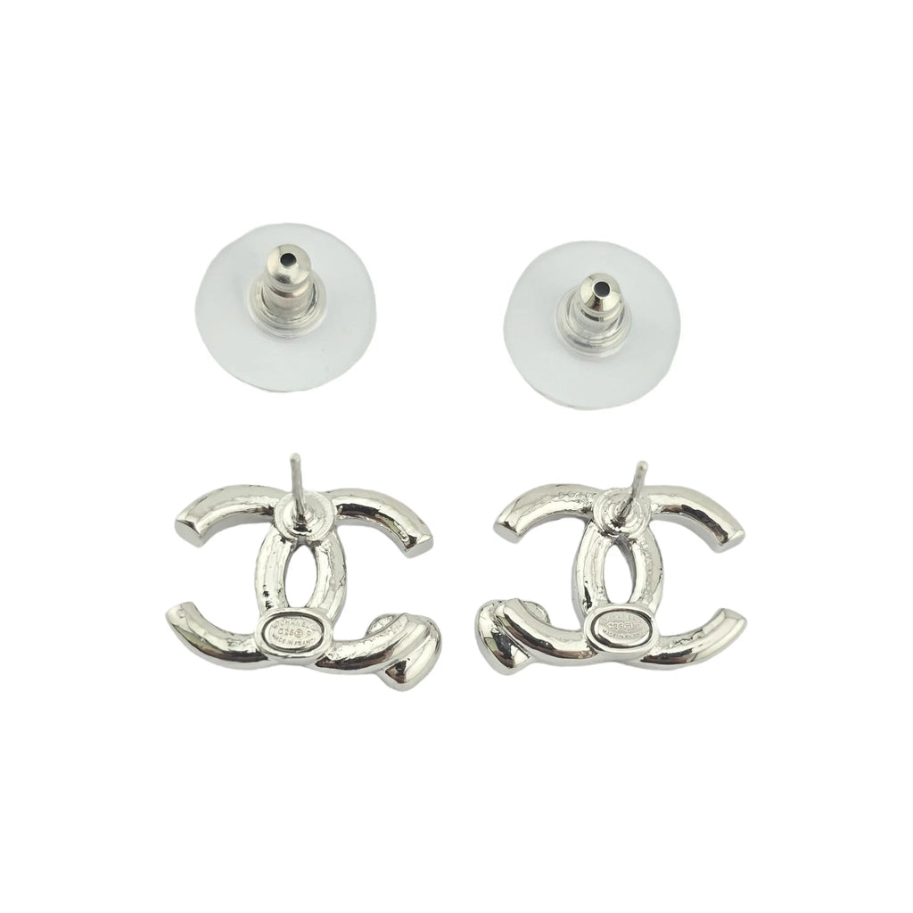 Chanel CC Silver Crystal Blue Heart Stud Earrings 2025 CHANEL