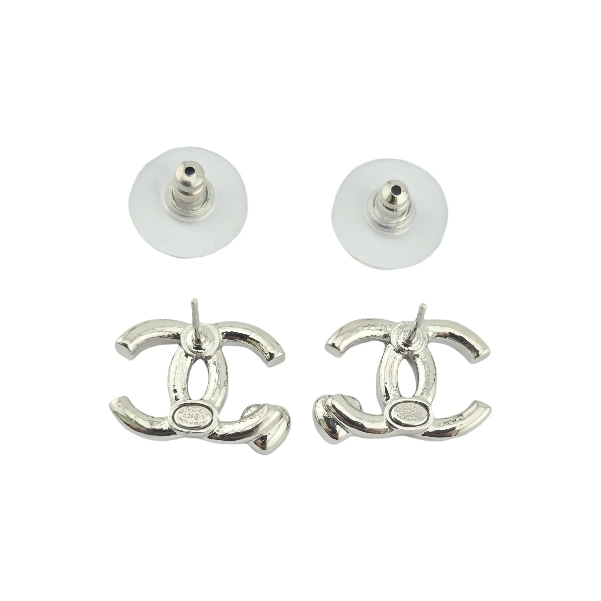 Chanel CC Silver Crystal Blue Heart Stud Earrings 2025 CHANEL
