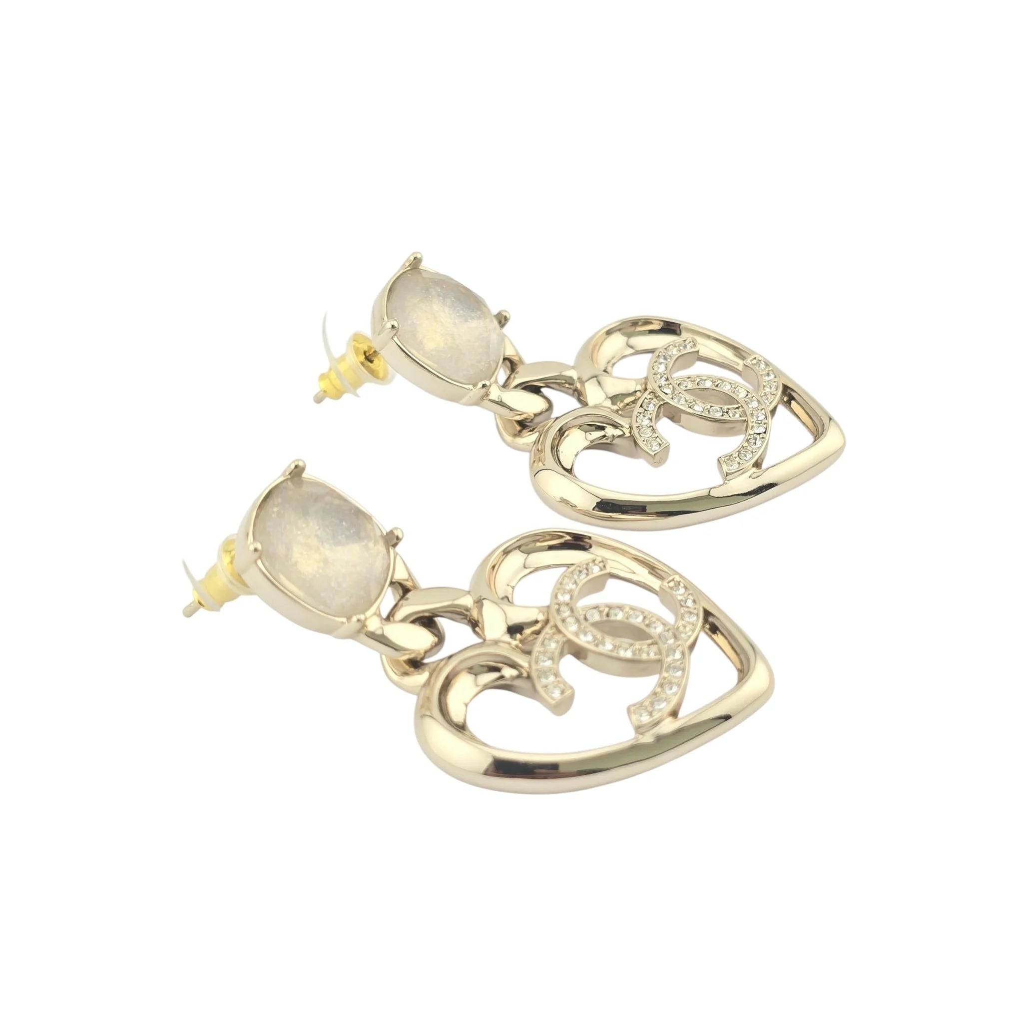 Chanel CC Strass CC Heart Drop Earrings Gold 2023 CHANEL