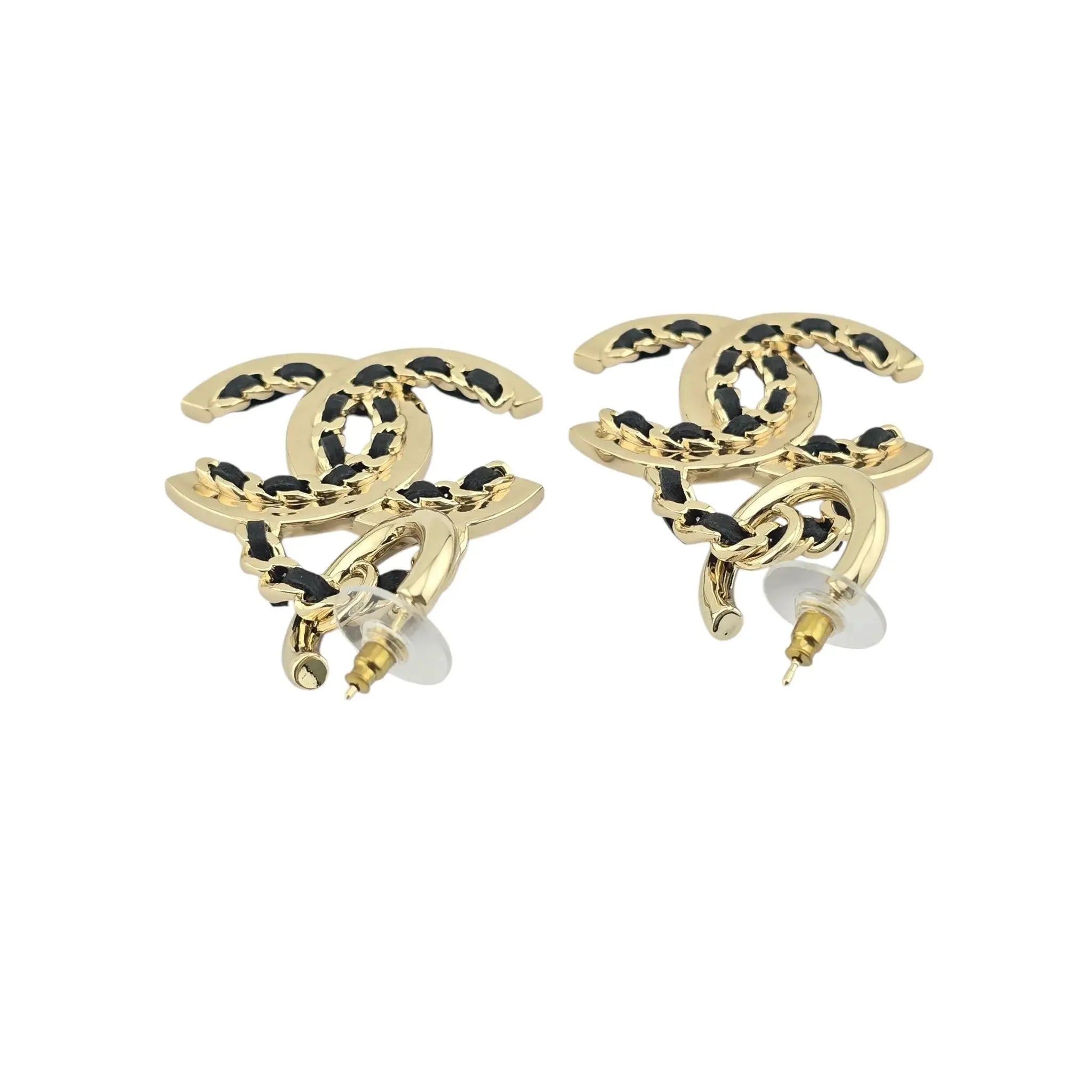 Chanel CC Gold Black Woven Leather Drop Earrings 2021 CHANEL