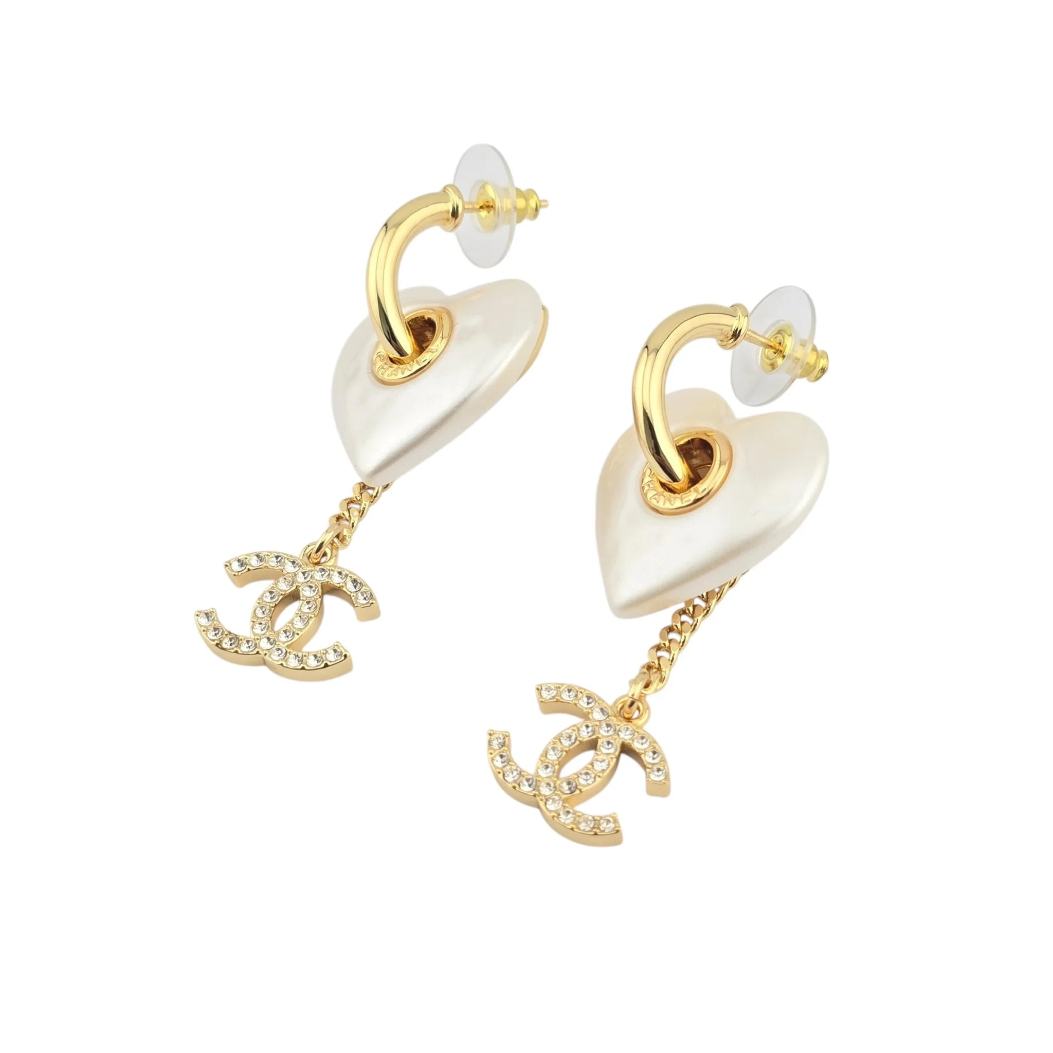 Chanel CC White Resin Heart Chain Earrings CHANEL