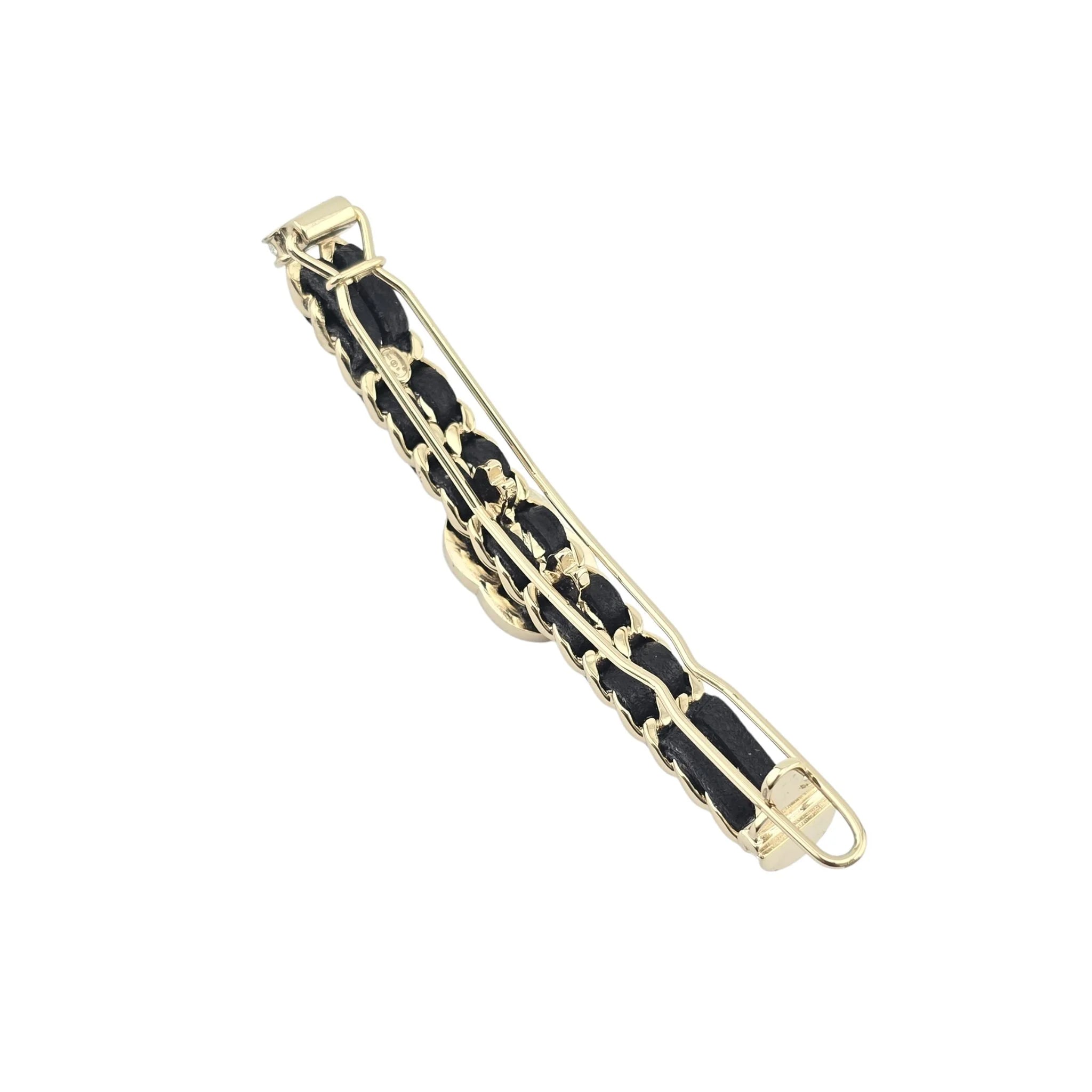 Chanel CC Black Leather Crystal Hair Barrette Clip B21 CHANEL