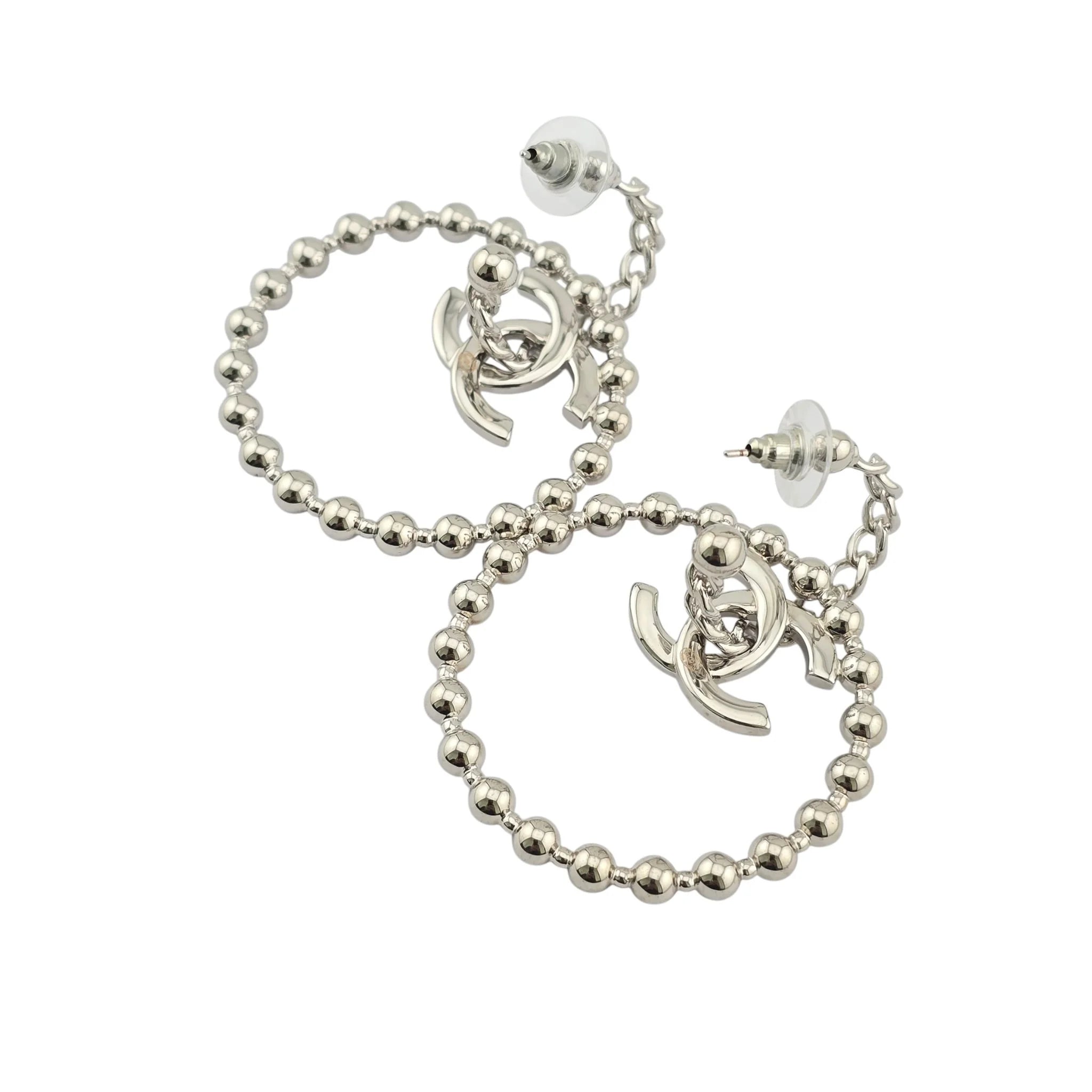 Chanel Silver Metal Tone CC Cross Chain Hoop Earrings 2022 CHANEL