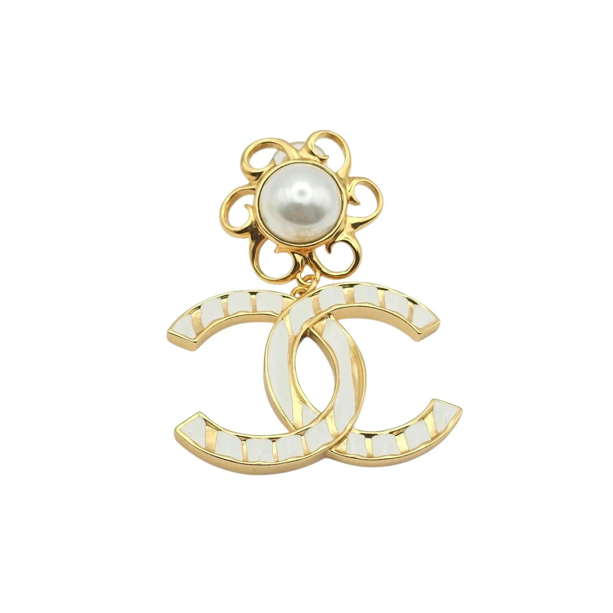 Chanel 23C XL Gold White Stripe Clip On Dangle Drop Earrings CHANEL