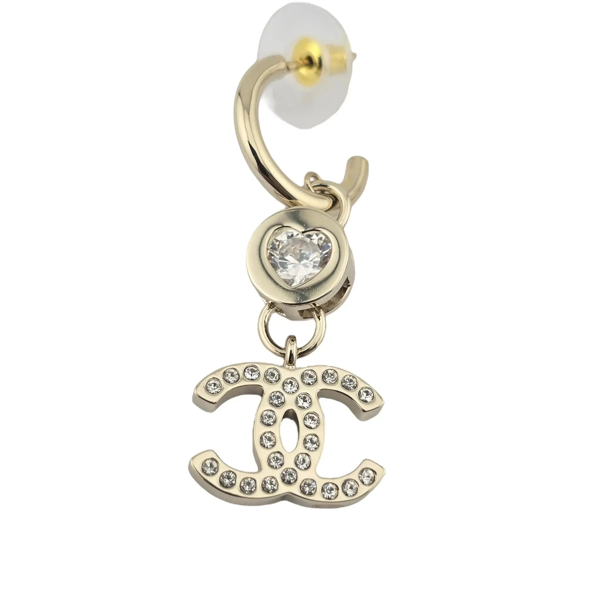 Chanel CC Crystal Heart Drop Earrings Gold CHANEL