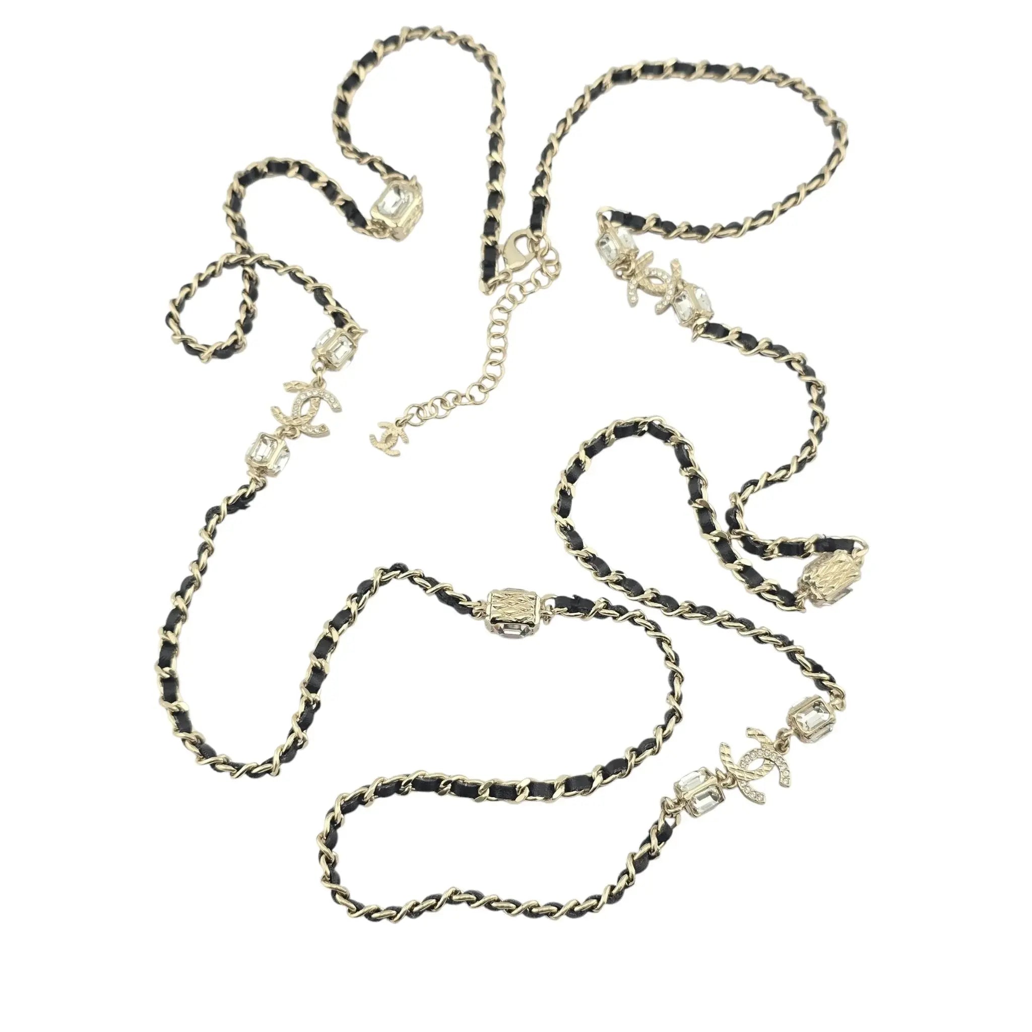 Chanel CC Gold Black Leather Long Necklace A23 CHANEL