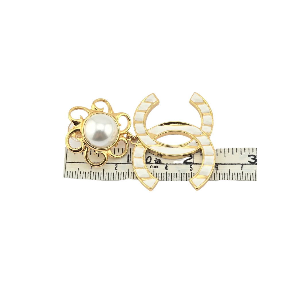Chanel 23C XL Gold White Stripe Clip On Dangle Drop Earrings CHANEL