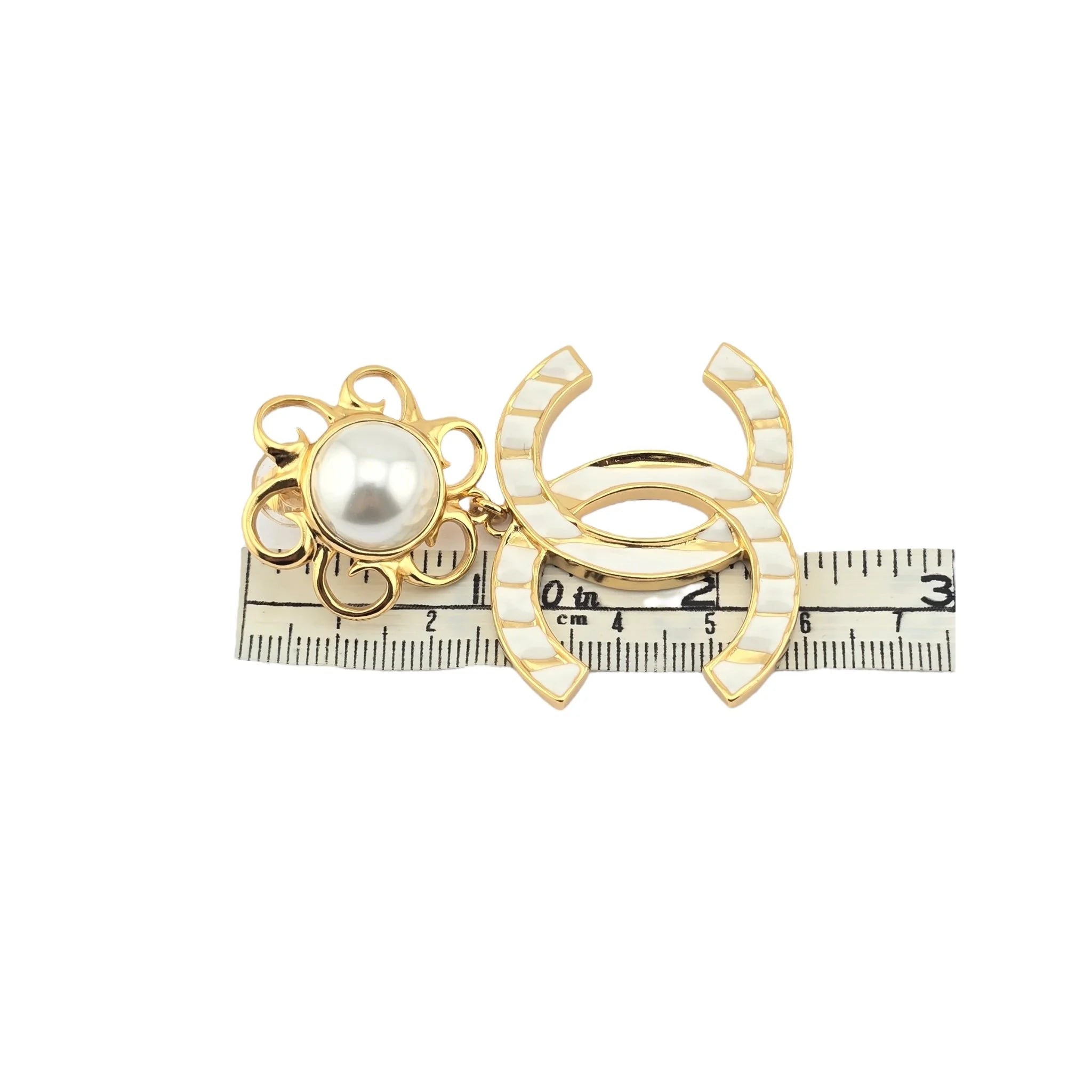 Chanel 23C XL Gold White Stripe Clip On Dangle Drop Earrings CHANEL
