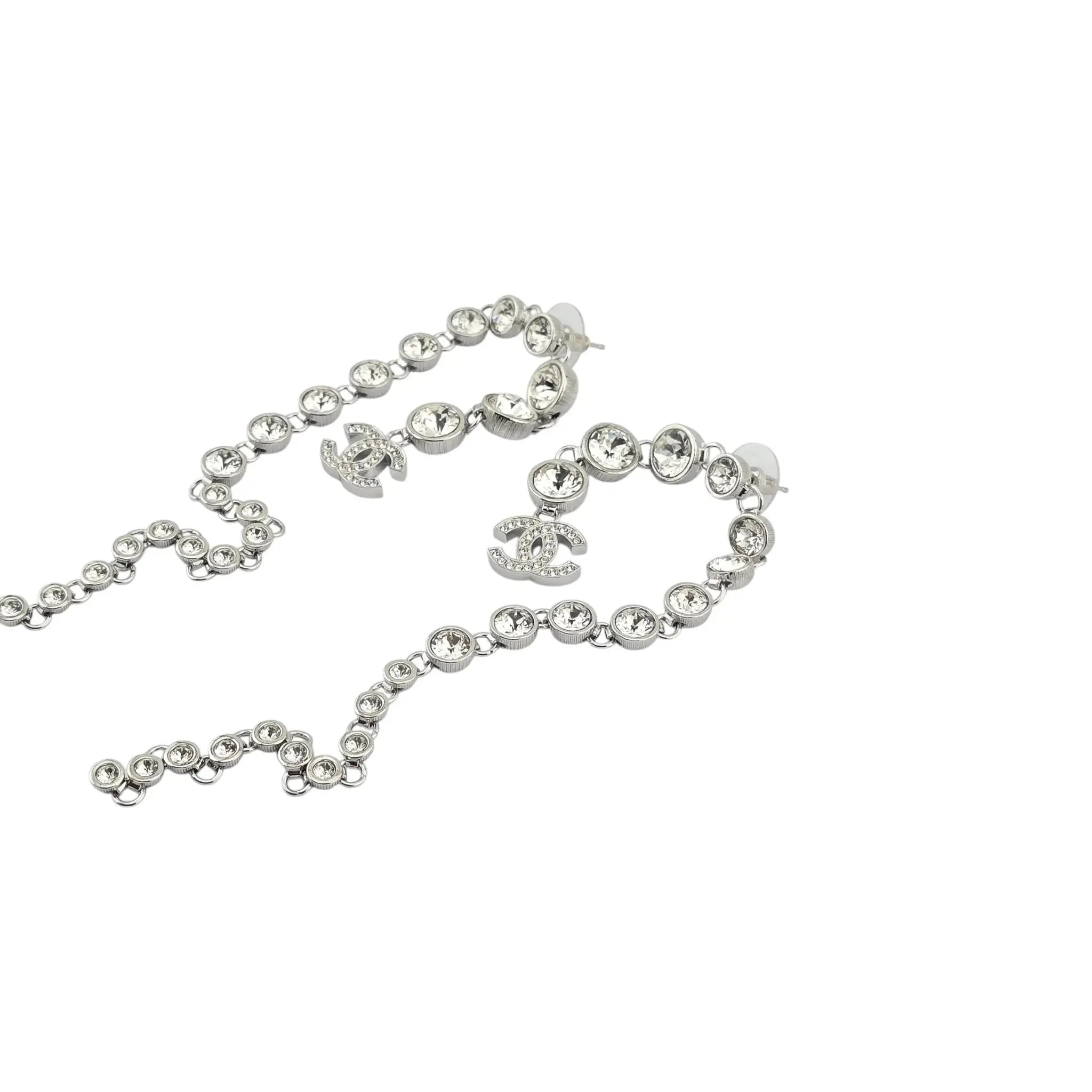 Chanel Crystal CC Long Drop Earrings Silver 2023 CHANEL