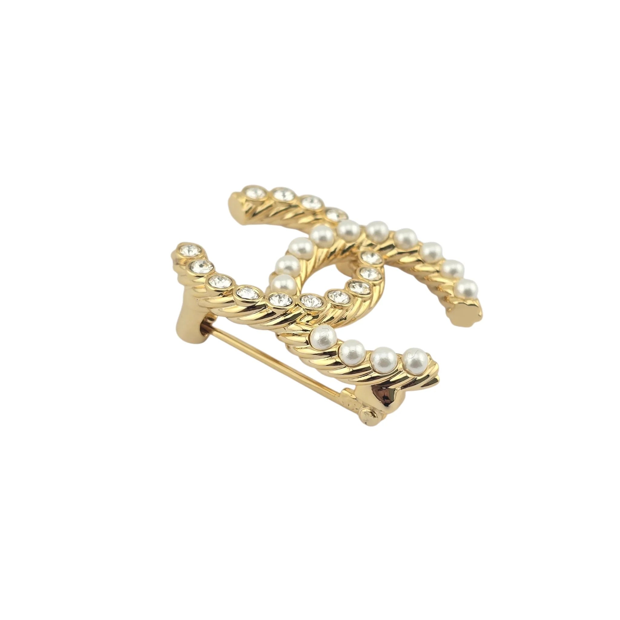 Chanel CC Gold Faux Pearls Crystals Brooch 2023 CHANEL