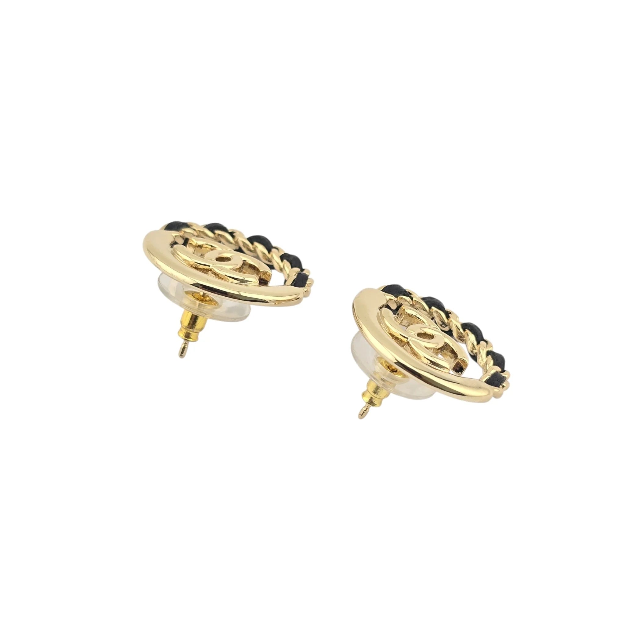Chanel CC Round Gold Black Leather Earrings 2022 CHANEL
