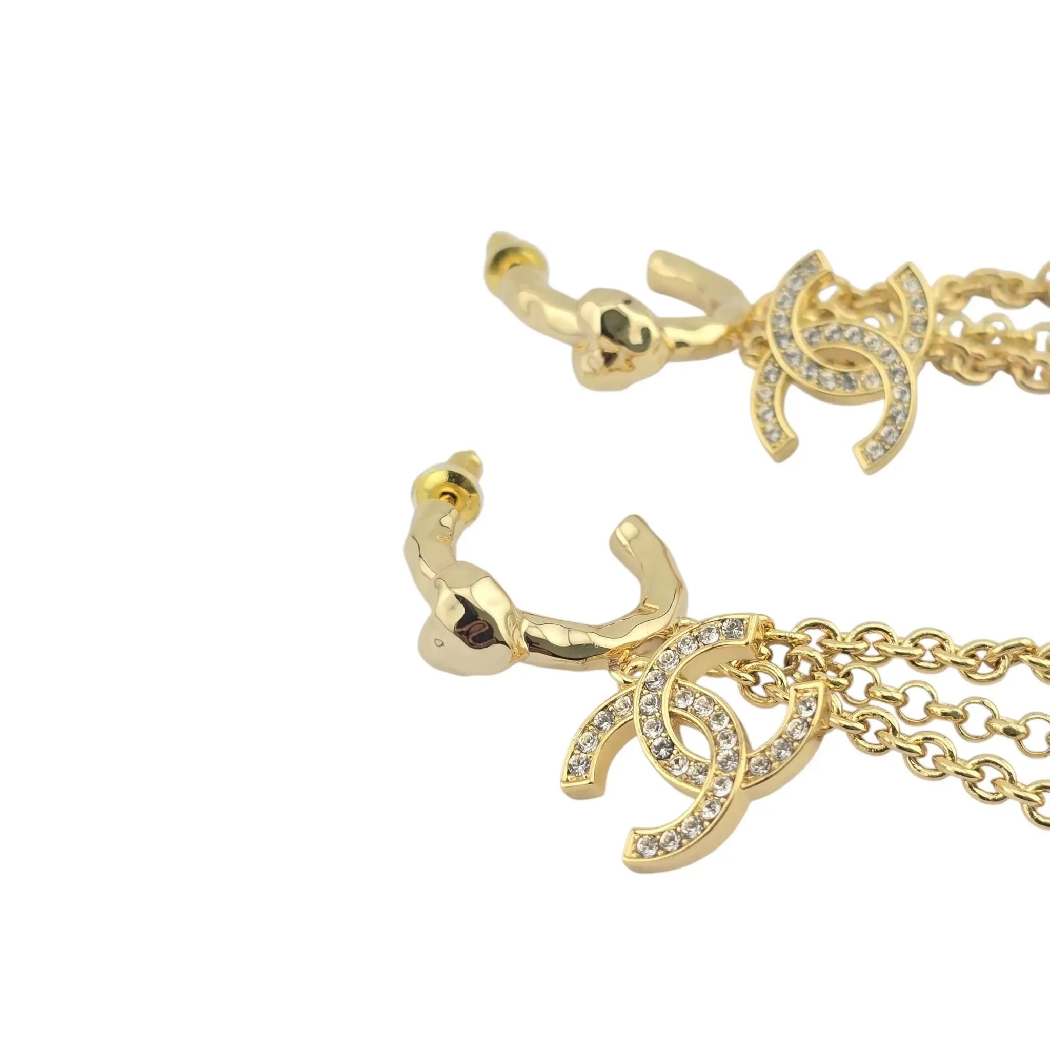 Chanel CC Chain Drop Gold Heart Hoop Earrings B23 CHANEL