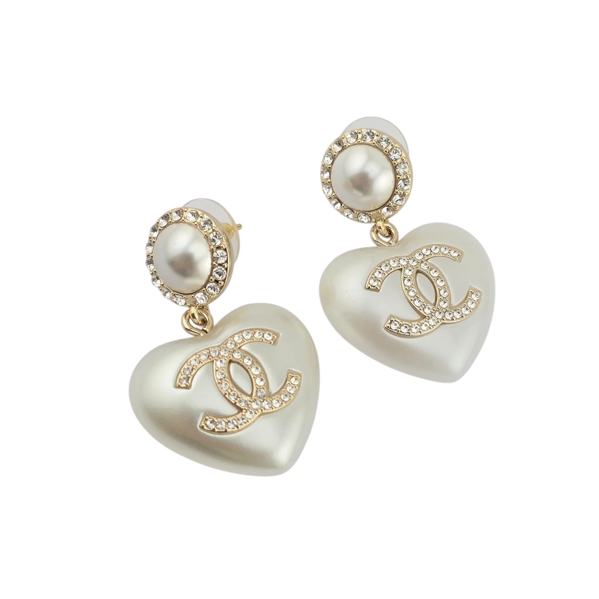 Chanel CC Pearl Crystal Heart Drop Earrings Gold 2021 CHANEL