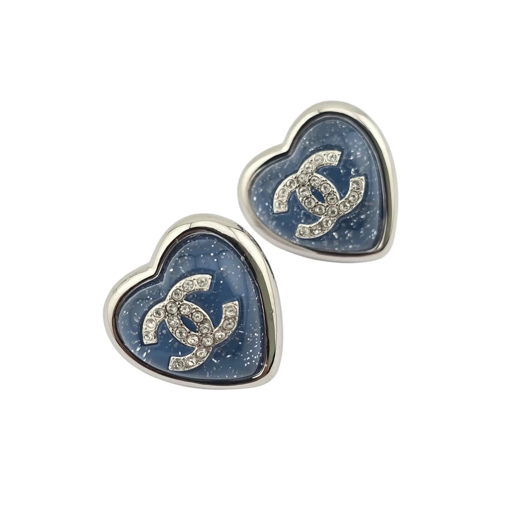 Chanel CC Silver Blue Heart Earrings 2025 CHANEL