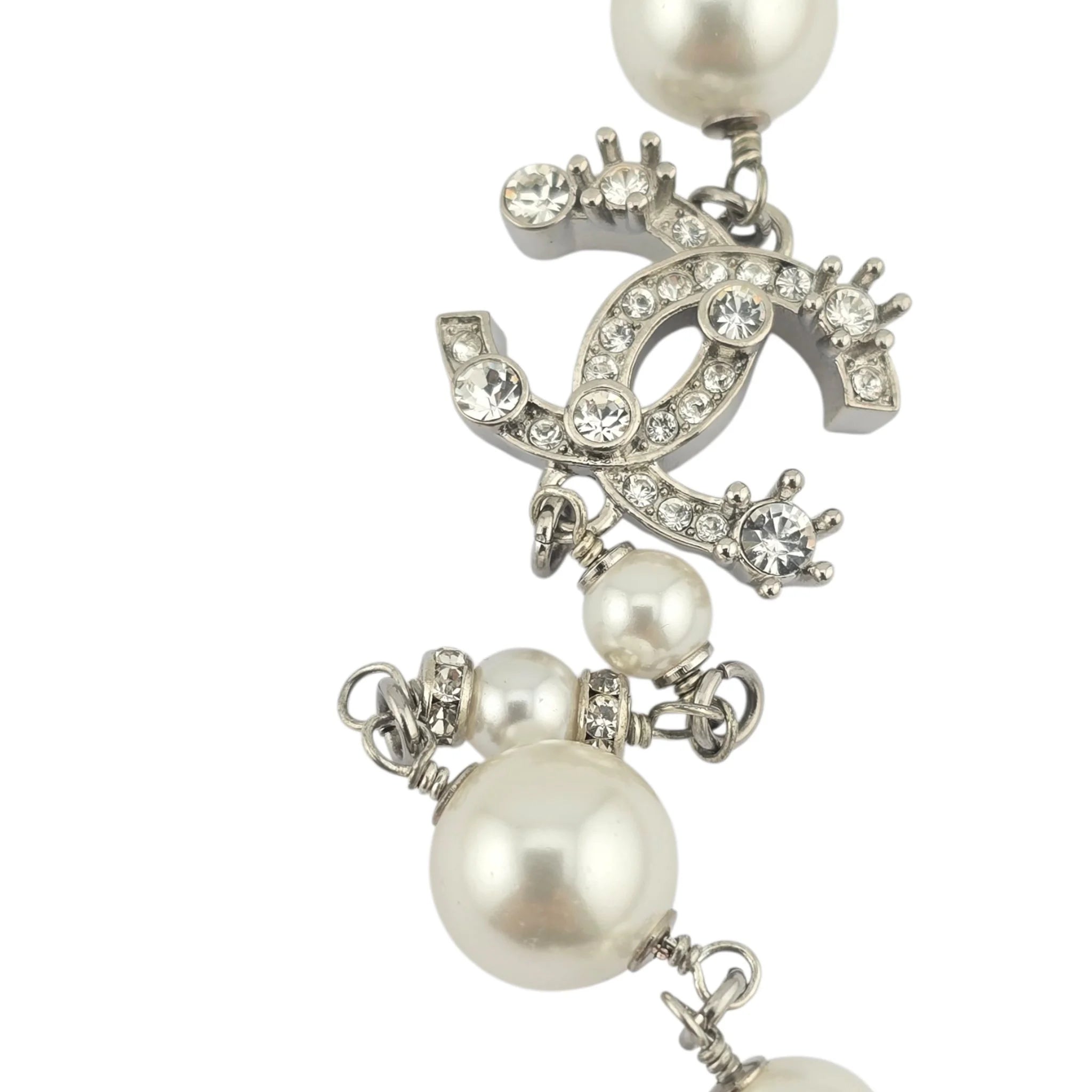 Chanel CC Silver Faux Pearl Logo Long Necklace 2023 CHANEL
