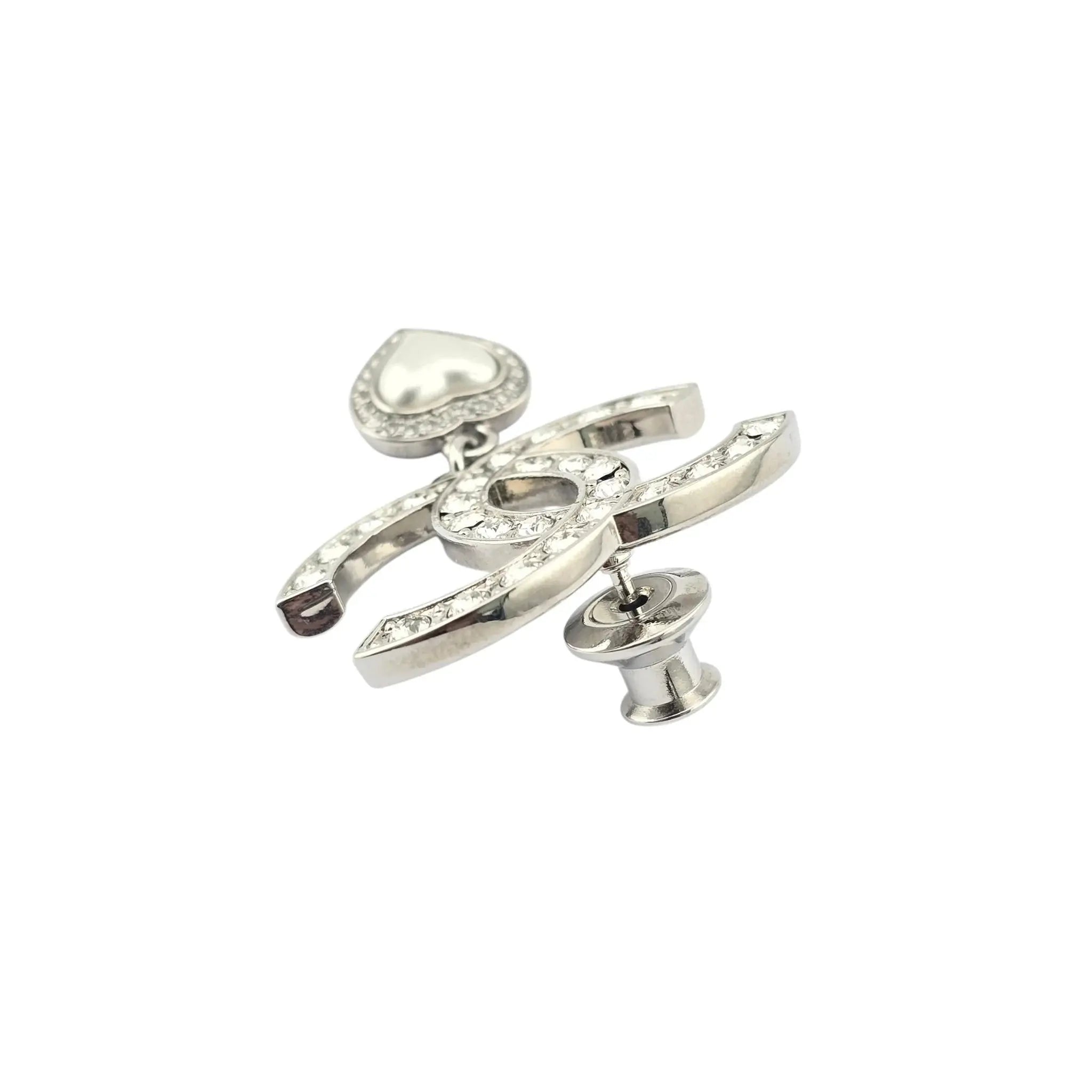 Chanel Crystal Pearl CC Heart Drop Brooch Silver B23 CHANEL