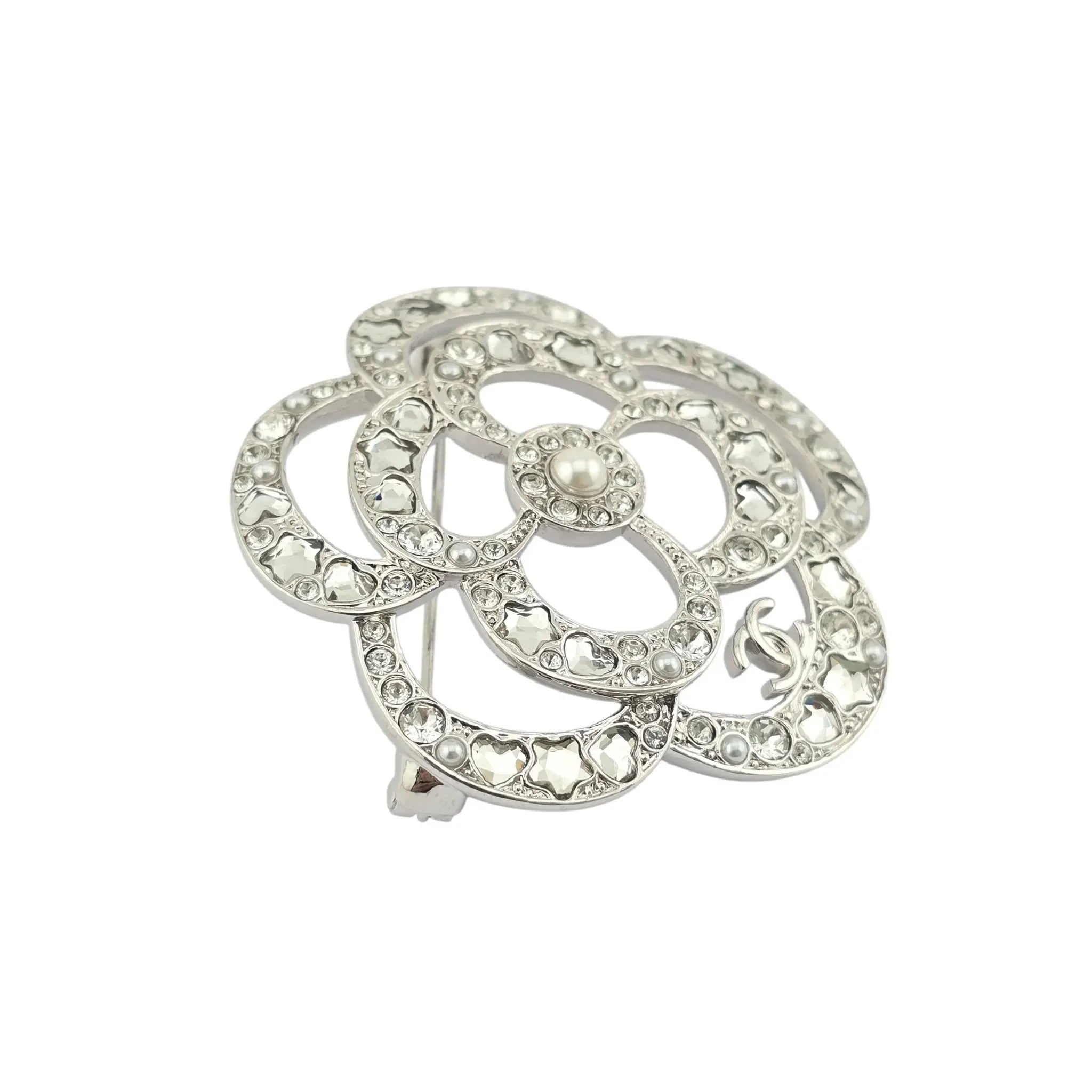 Chanel CC Silver Crystal Camellia Flower Brooch 2025 CHANEL