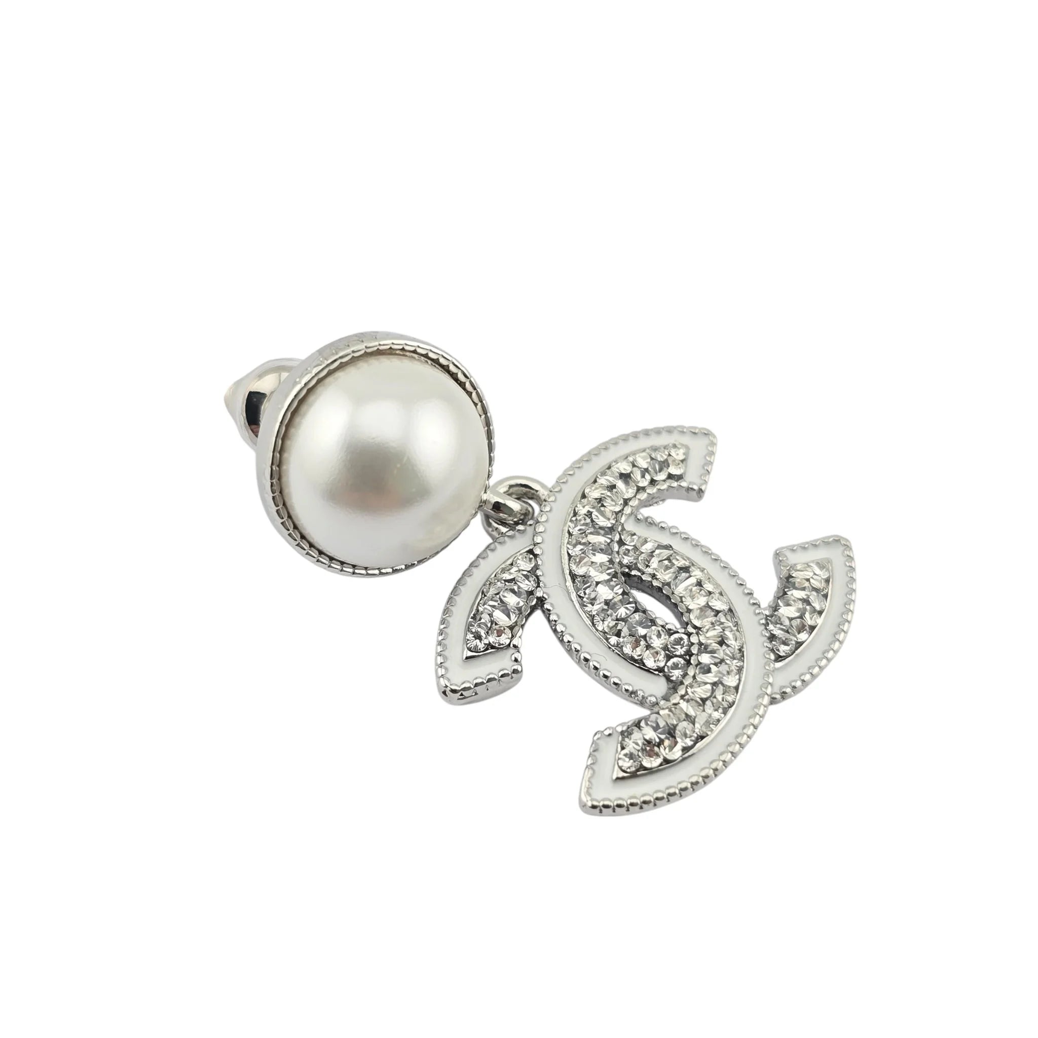 Chanel CC White Silver Crystal Faux Pearl Drop Earrings 2025 CHANEL